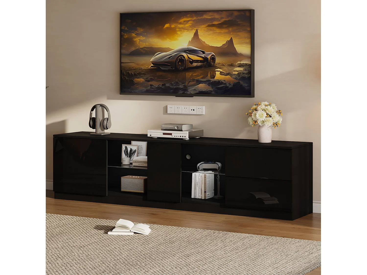 Hochglanz-TV-Ständer – 160 x 40 x 52 cm – mit LEDs + 1 Tür + 2 Schubladen – MDF – schwarz