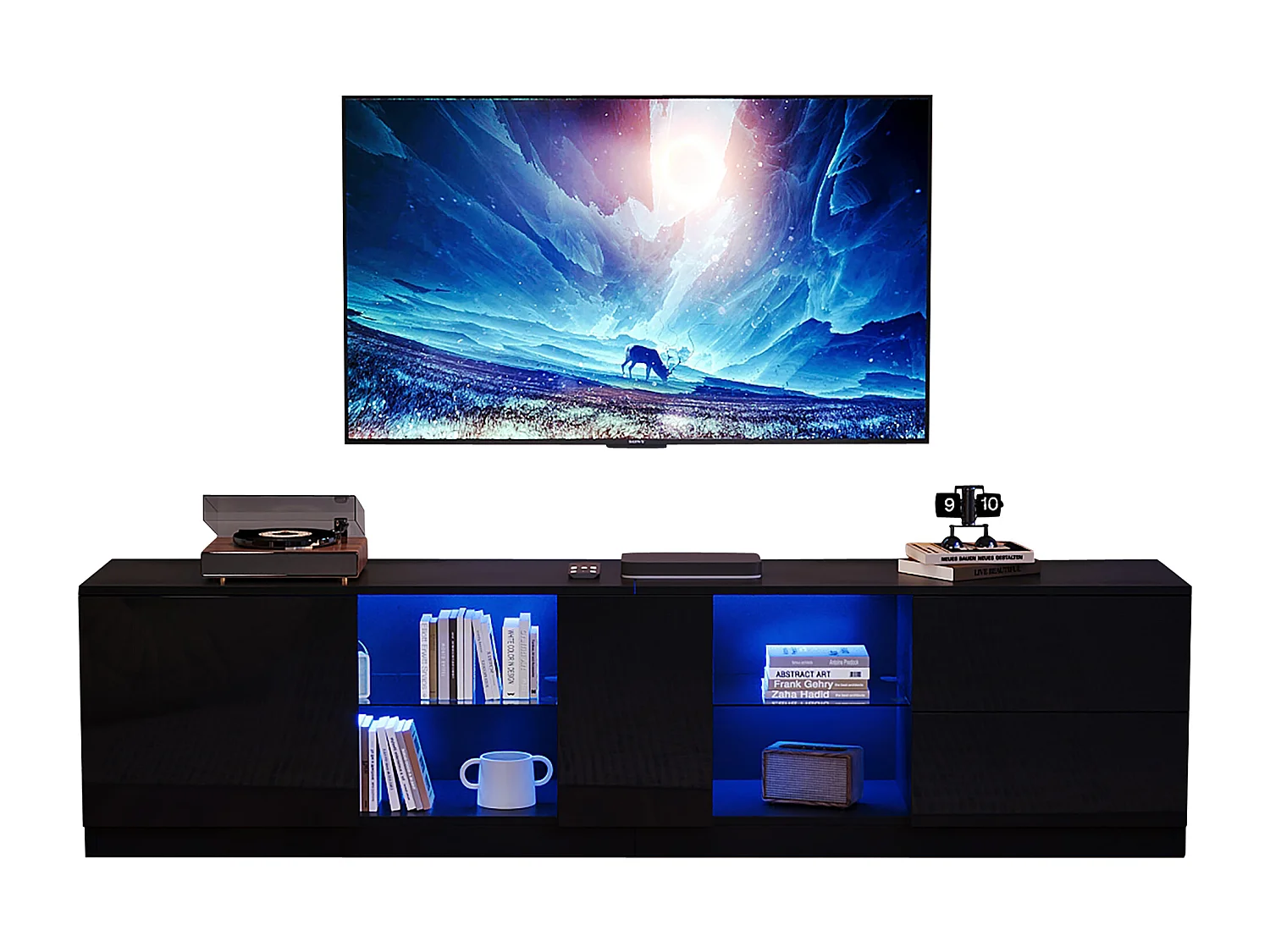 Hochglanz-TV-Ständer – 160 x 40 x 52 cm – mit LEDs + 1 Tür + 2 Schubladen – MDF – schwarz