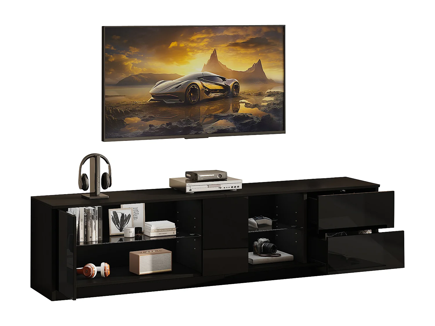 Hochglanz-TV-Ständer – 160 x 40 x 52 cm – mit LEDs + 1 Tür + 2 Schubladen – MDF – schwarz