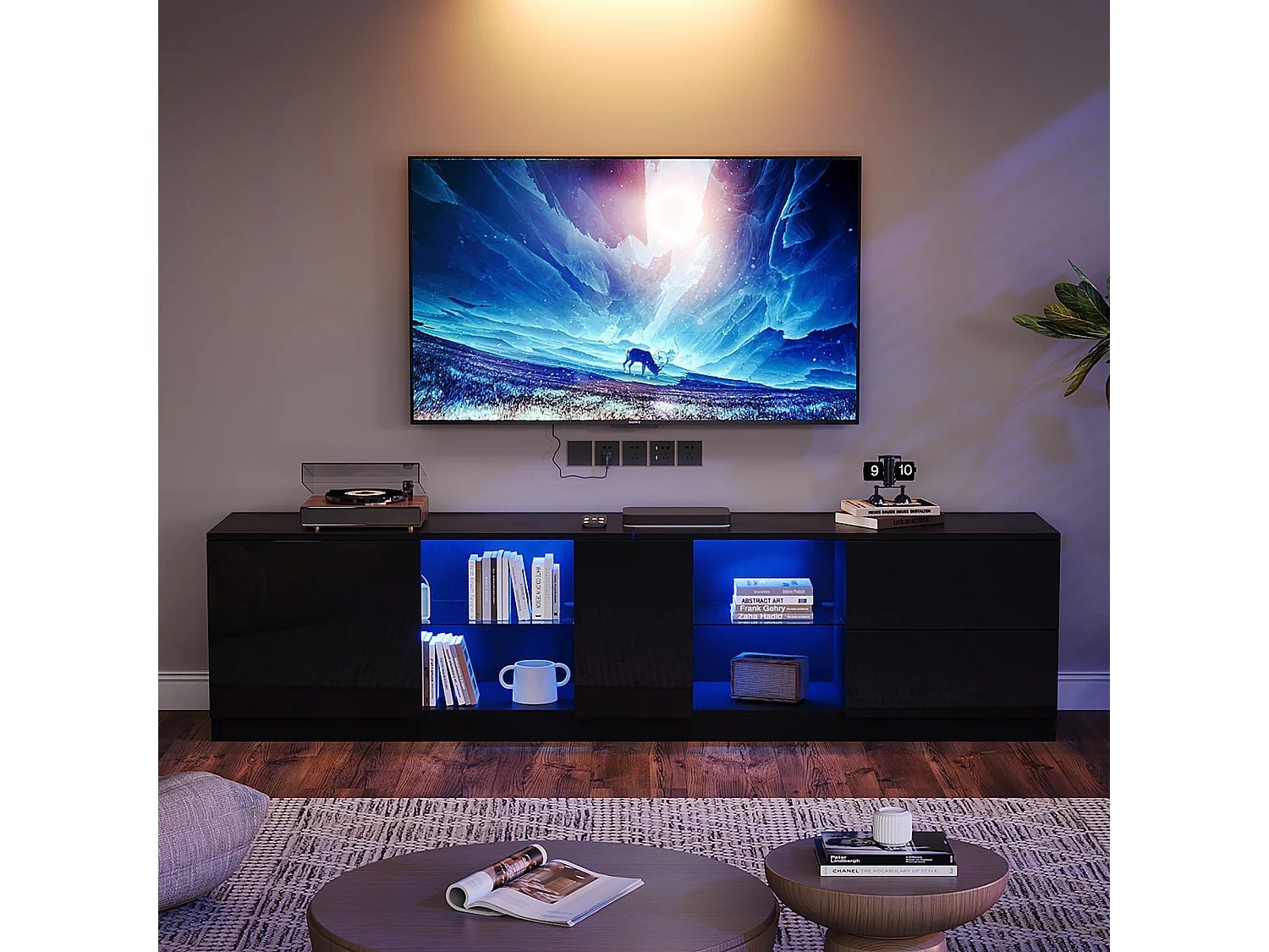 Hochglanz-TV-Ständer – 160 x 40 x 52 cm – mit LEDs + 1 Tür + 2 Schubladen – MDF – schwarz