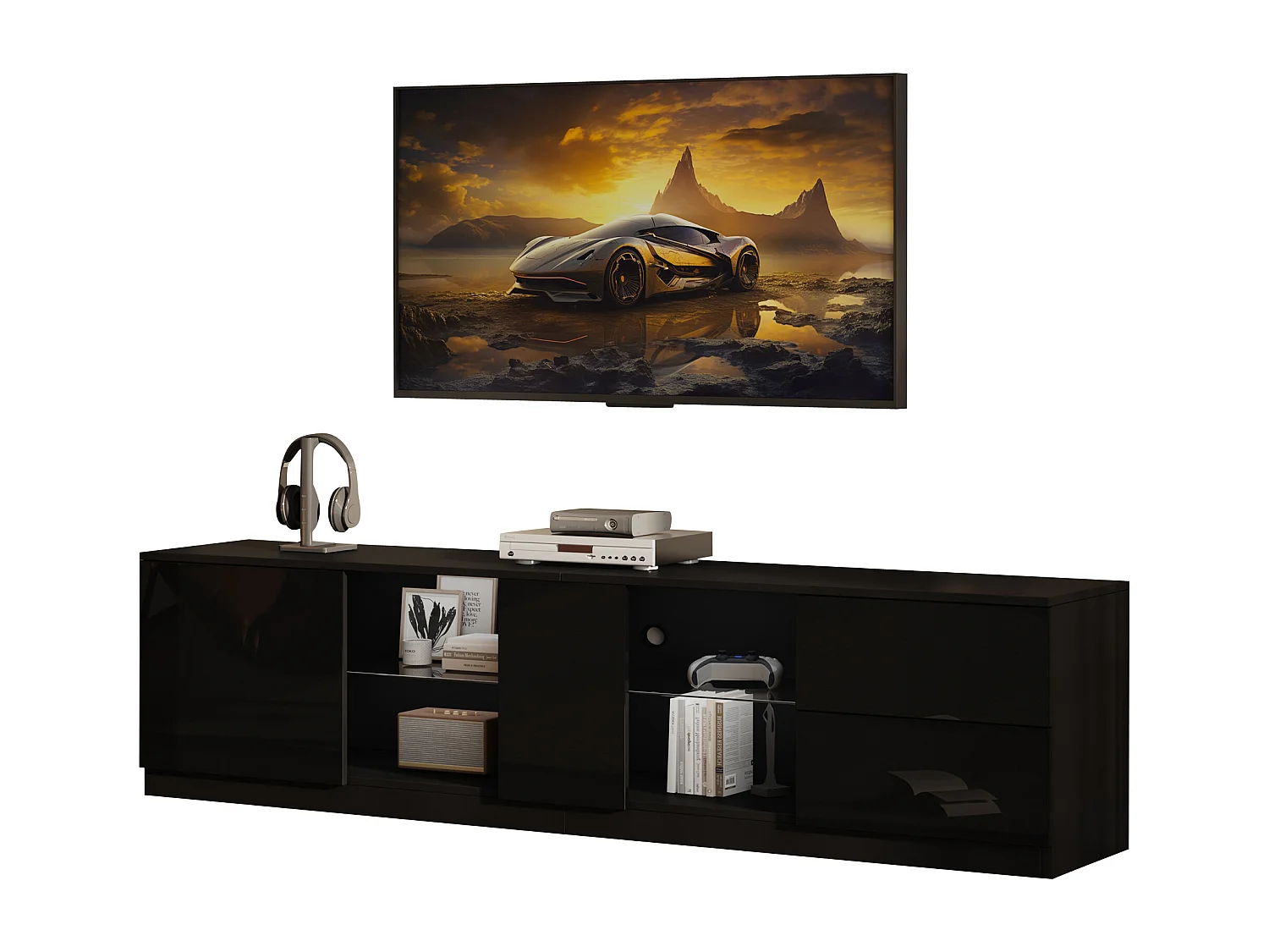 Hochglanz-TV-Ständer – 160 x 40 x 52 cm – mit LEDs + 1 Tür + 2 Schubladen – MDF – schwarz
