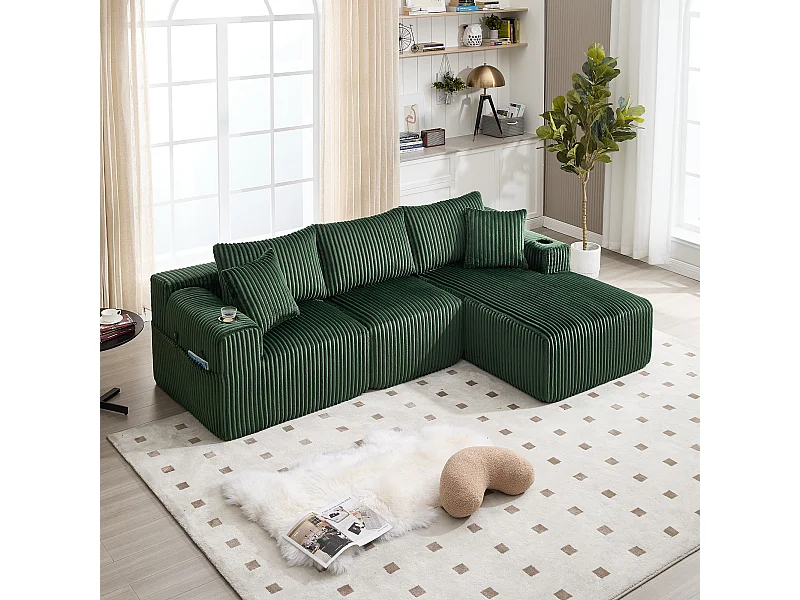 Ensemble de canapé 3 places - 257 x 160 x 80 cm - avec 5 coussins - combinaison à faire soi-même - velours - vert