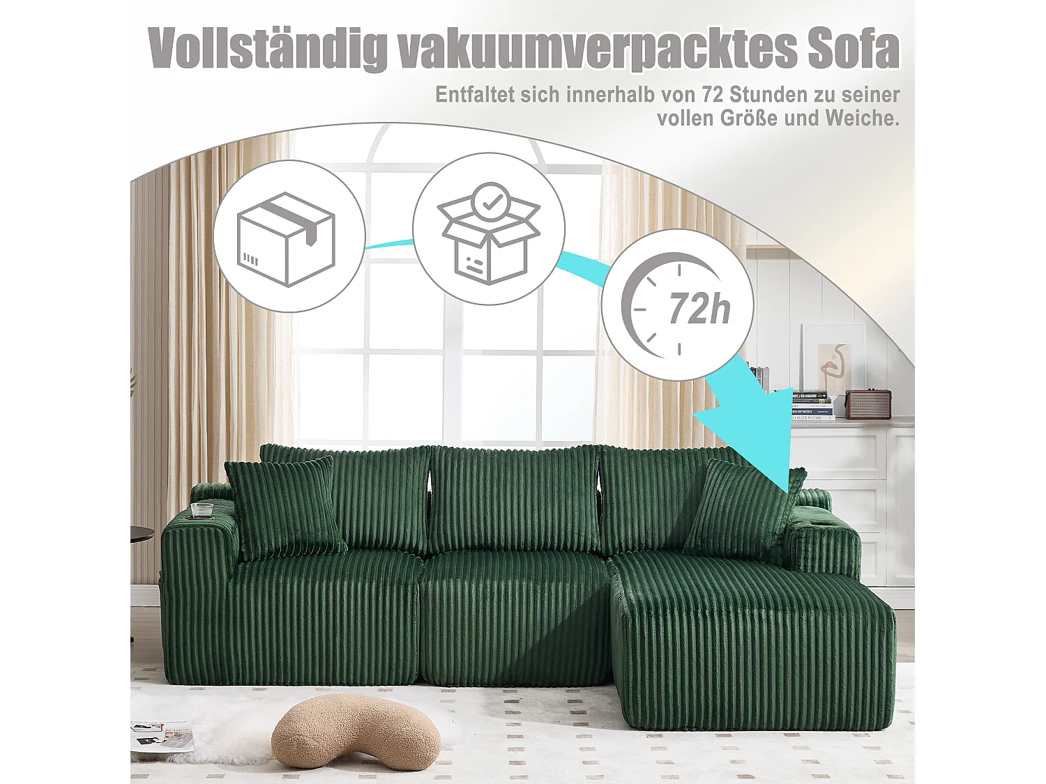 Ensemble de canapé 3 places - 257 x 160 x 80 cm - avec 5 coussins - combinaison à faire soi-même - velours - vert