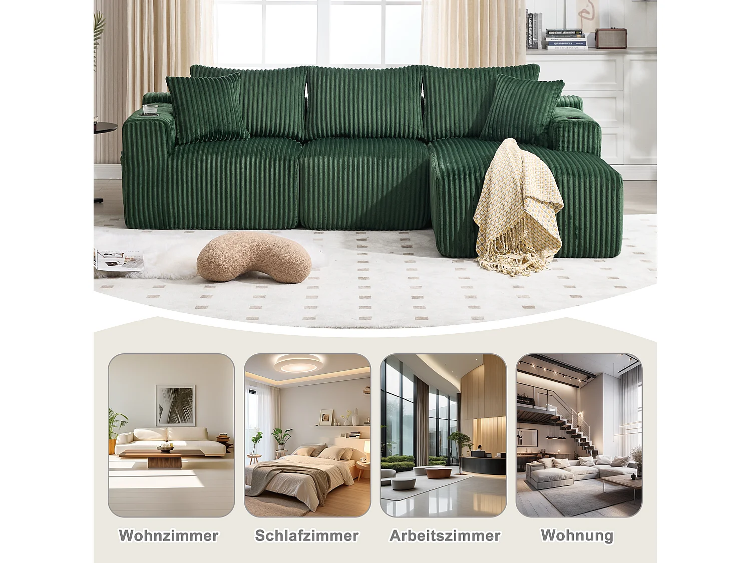 Ensemble de canapé 3 places - 257 x 160 x 80 cm - avec 5 coussins - combinaison à faire soi-même - velours - vert