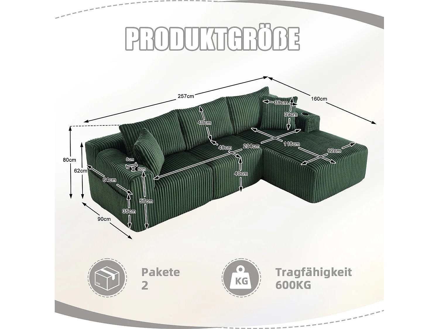 Ensemble de canapé 3 places - 257 x 160 x 80 cm - avec 5 coussins - combinaison à faire soi-même - velours - vert