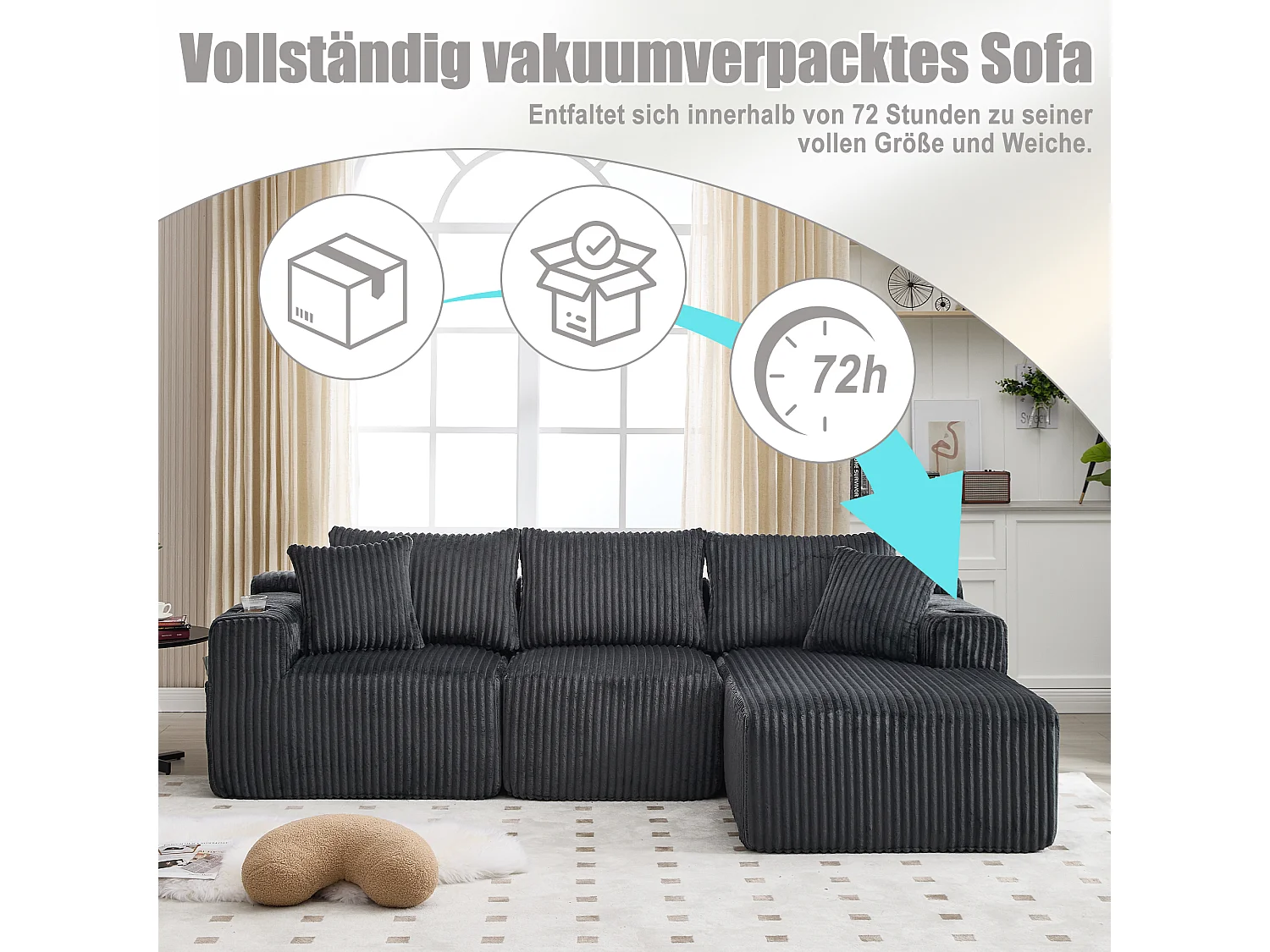 Divano 3 posti - 257 x 160 x 80 cm - con 5 cuscini - montaggio fai da te - velluto - grigio