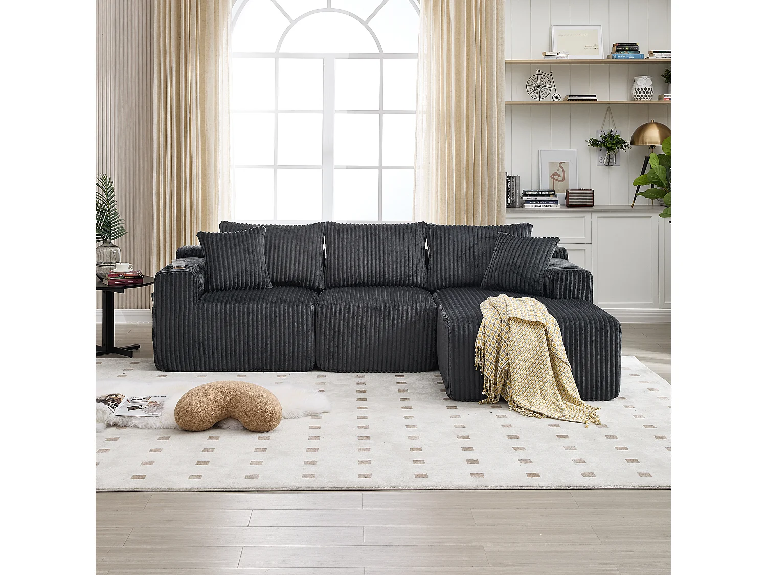 Divano 3 posti - 257 x 160 x 80 cm - con 5 cuscini - montaggio fai da te - velluto - grigio