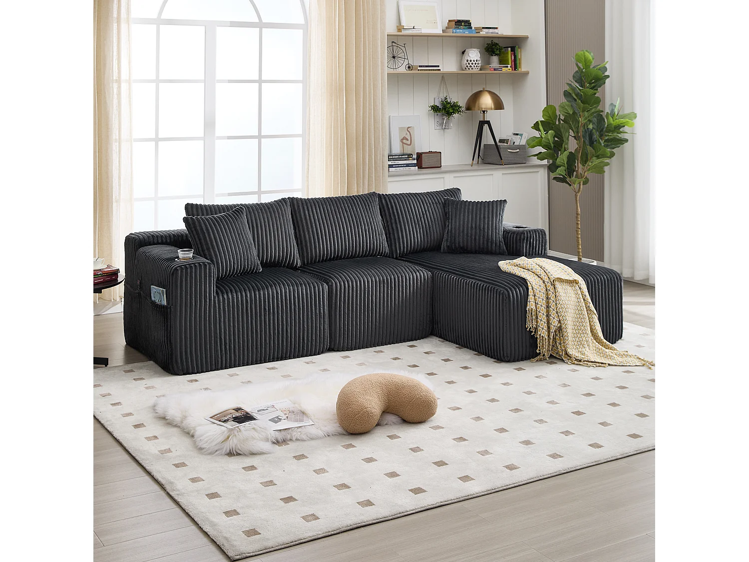 Divano 3 posti - 257 x 160 x 80 cm - con 5 cuscini - montaggio fai da te - velluto - grigio