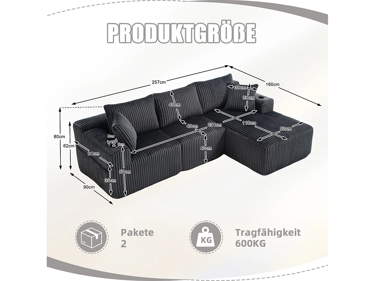 3-sits soffgrupp - 257 x 160 x 80 cm - med 5 kuddar - gör-det-själv-montering - sammet - grå