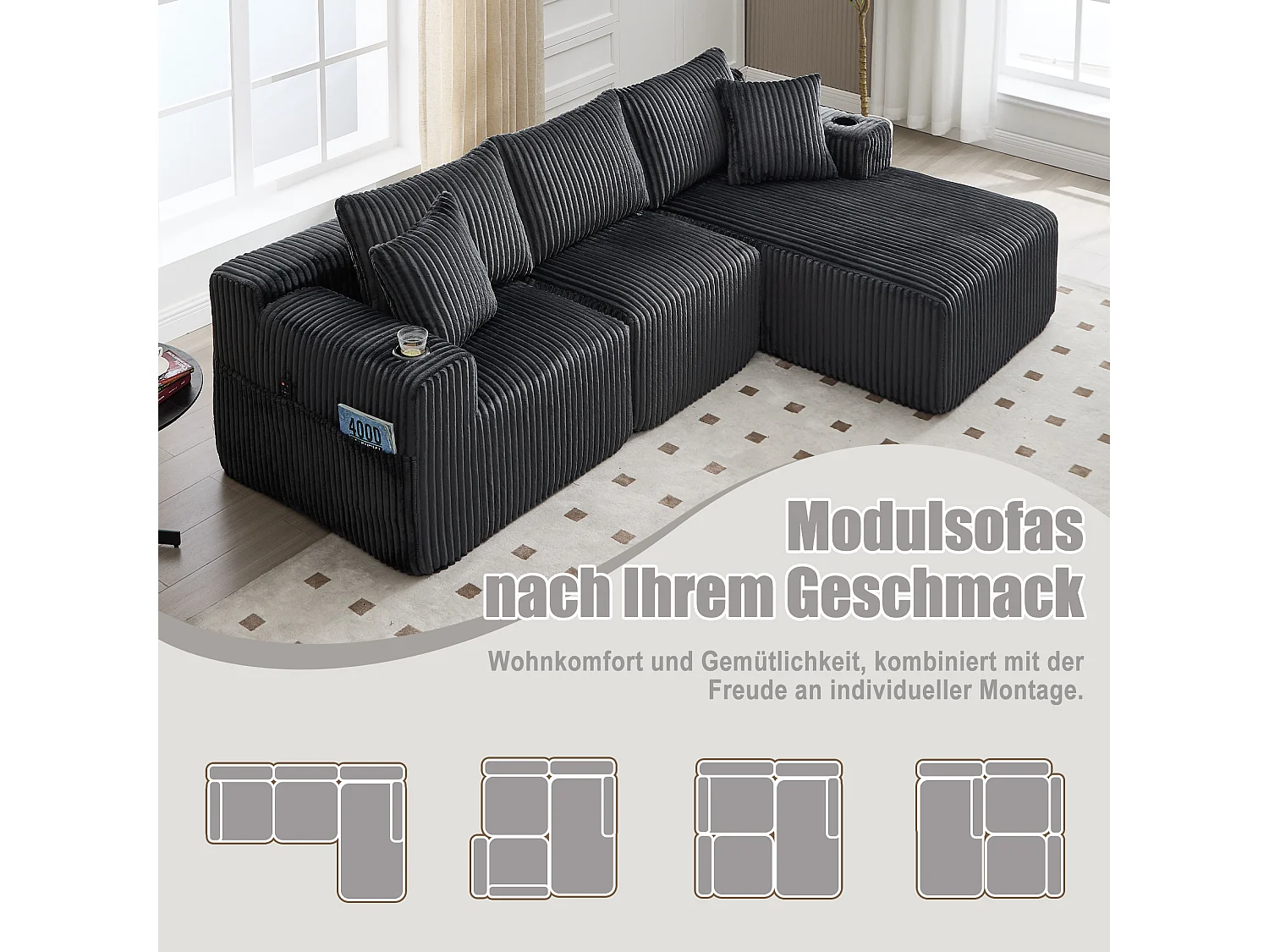 3-sits soffgrupp - 257 x 160 x 80 cm - med 5 kuddar - gör-det-själv-montering - sammet - grå