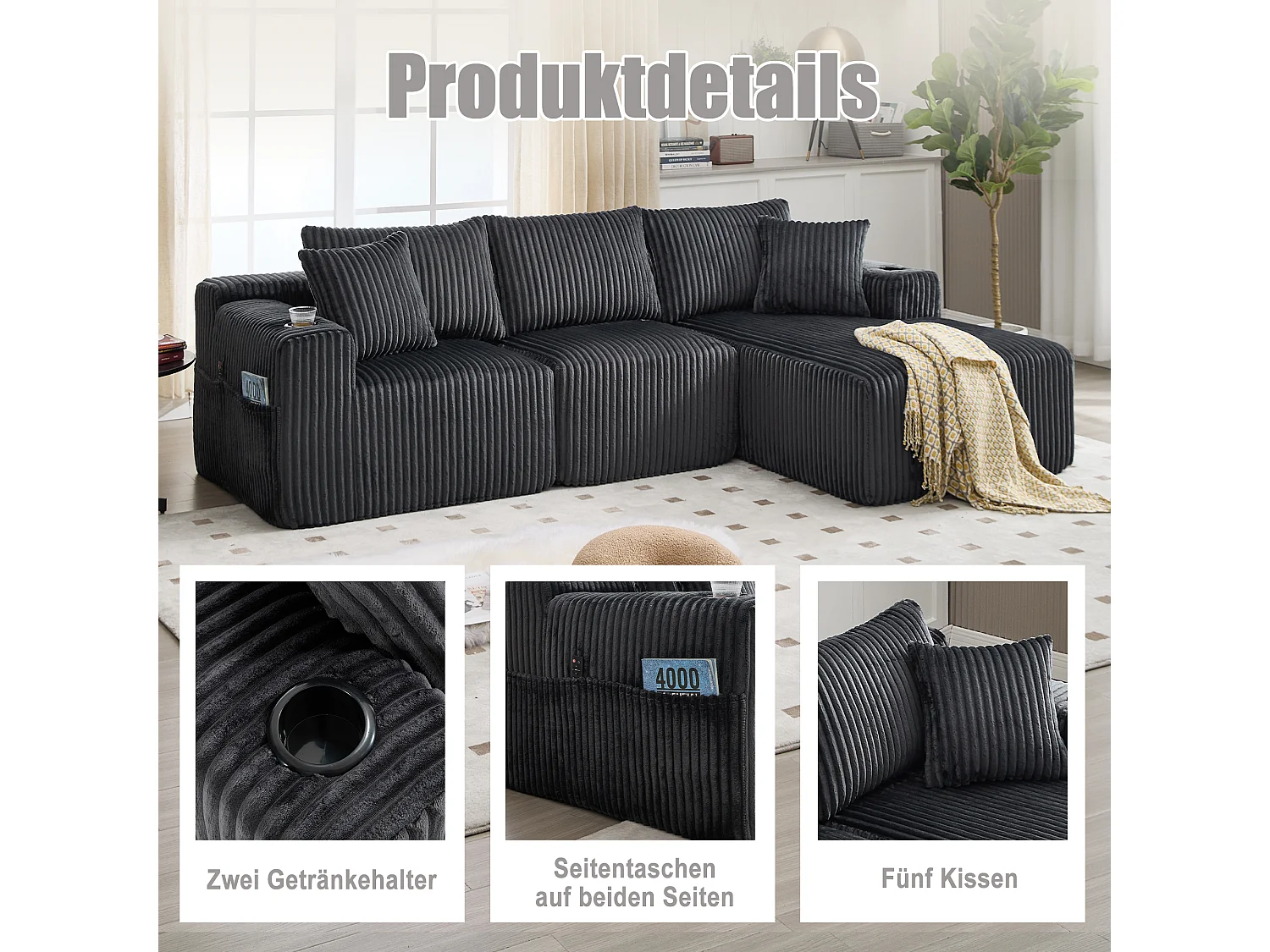 3-sits soffgrupp - 257 x 160 x 80 cm - med 5 kuddar - gör-det-själv-montering - sammet - grå