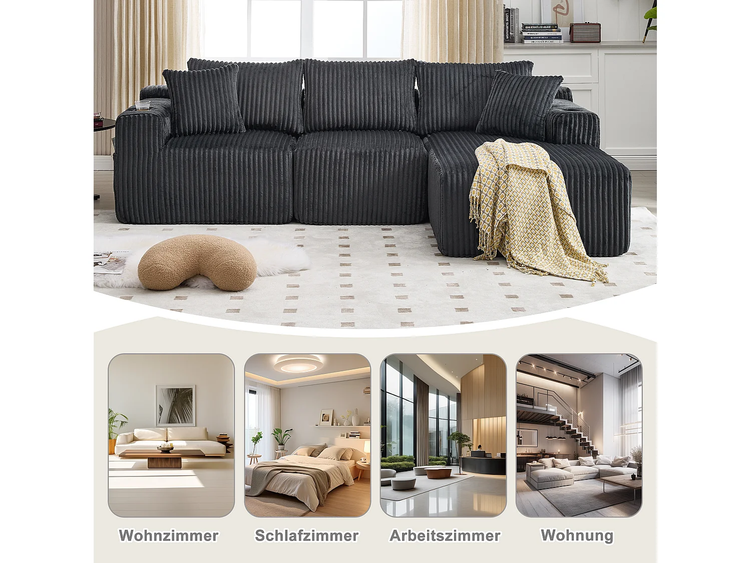 3-sits soffgrupp - 257 x 160 x 80 cm - med 5 kuddar - gör-det-själv-montering - sammet - grå