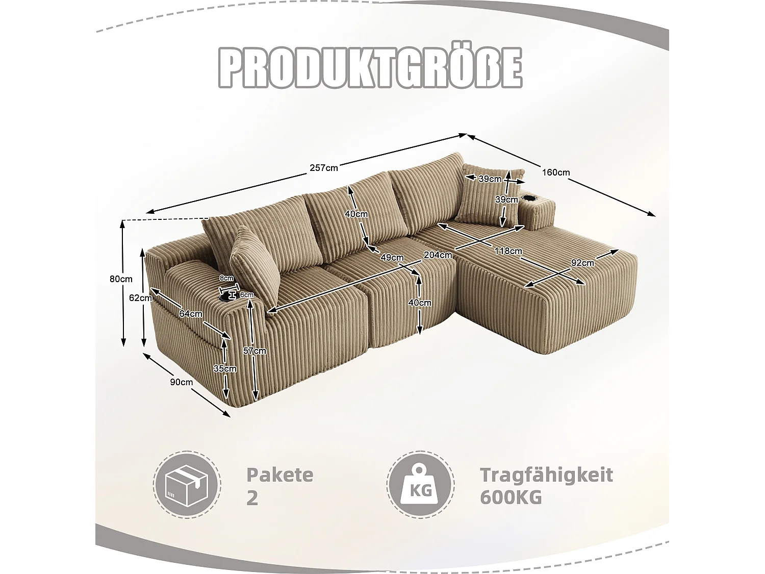3-sits soffgrupp - 257 x 160 x 80 cm - med 5 kuddar - gör-det-själv-montering - sammet - khaki