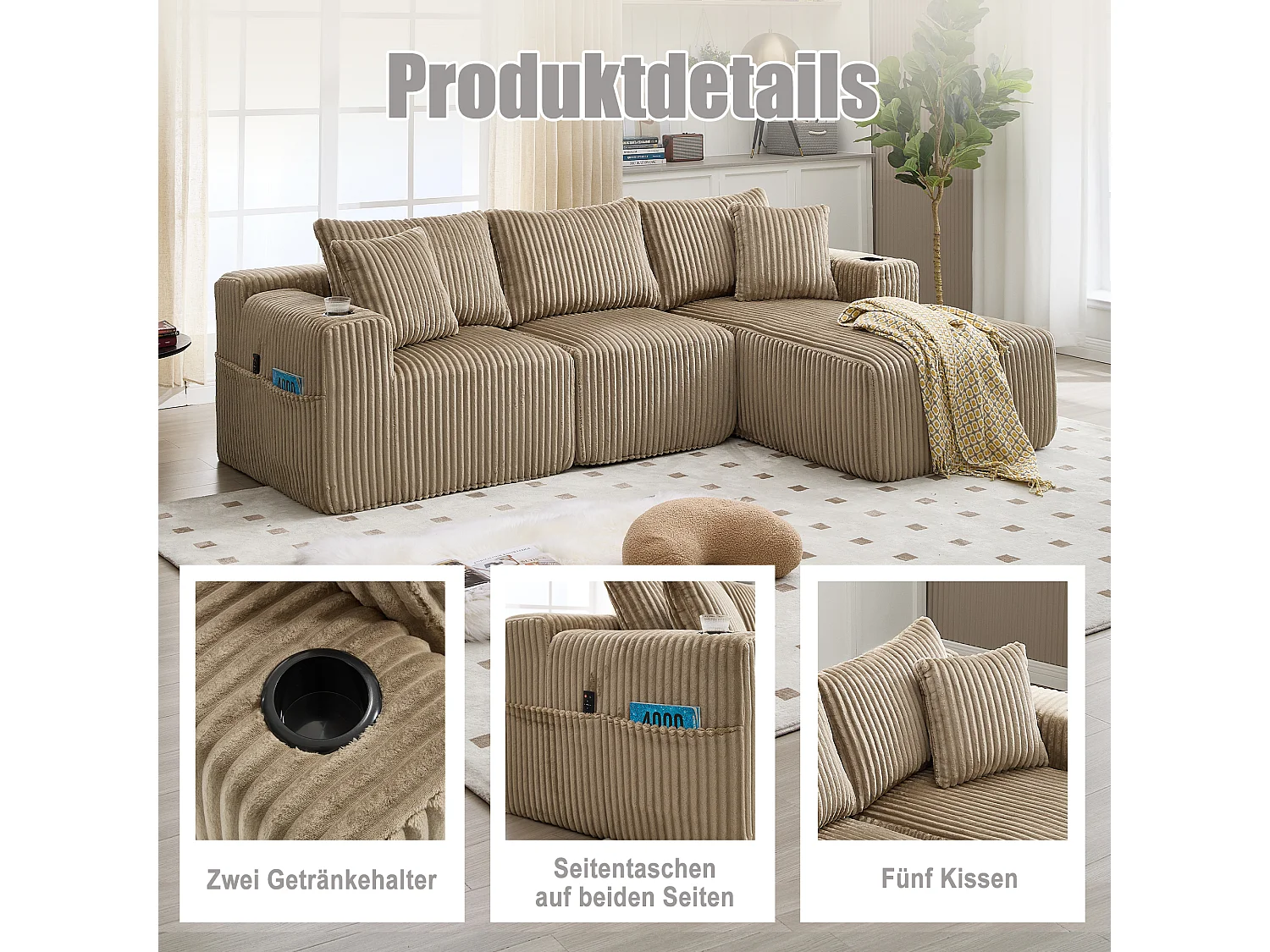 3-sits soffgrupp - 257 x 160 x 80 cm - med 5 kuddar - gör-det-själv-montering - sammet - khaki