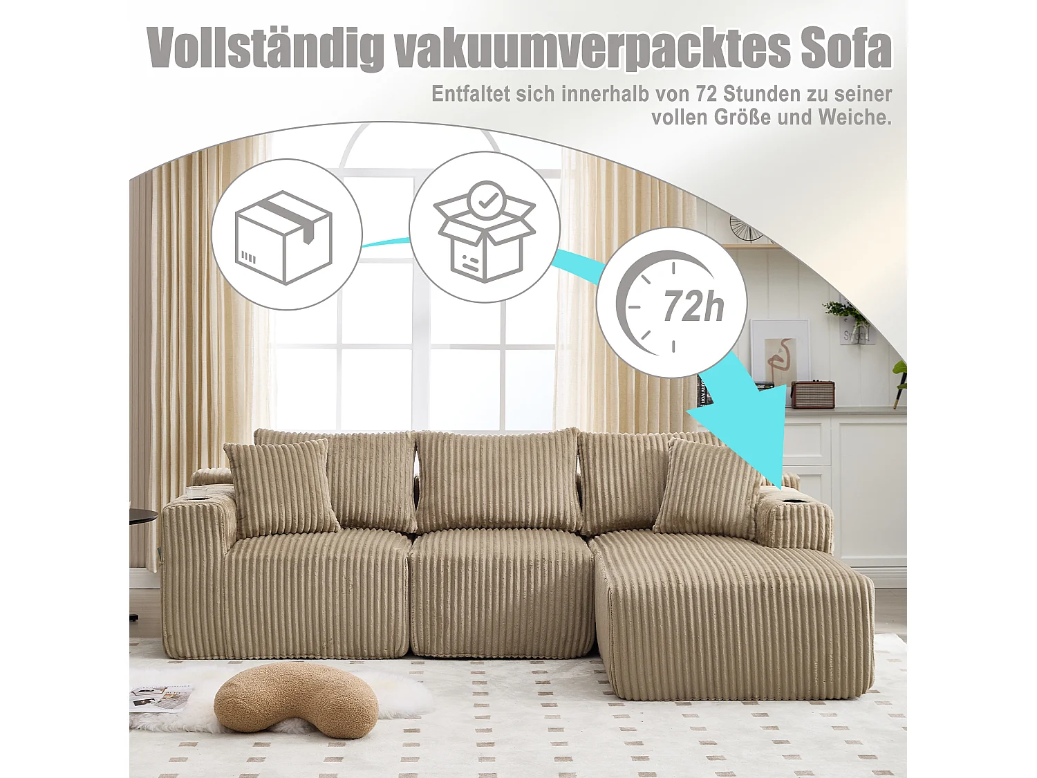 3-sits soffgrupp - 257 x 160 x 80 cm - med 5 kuddar - gör-det-själv-montering - sammet - khaki
