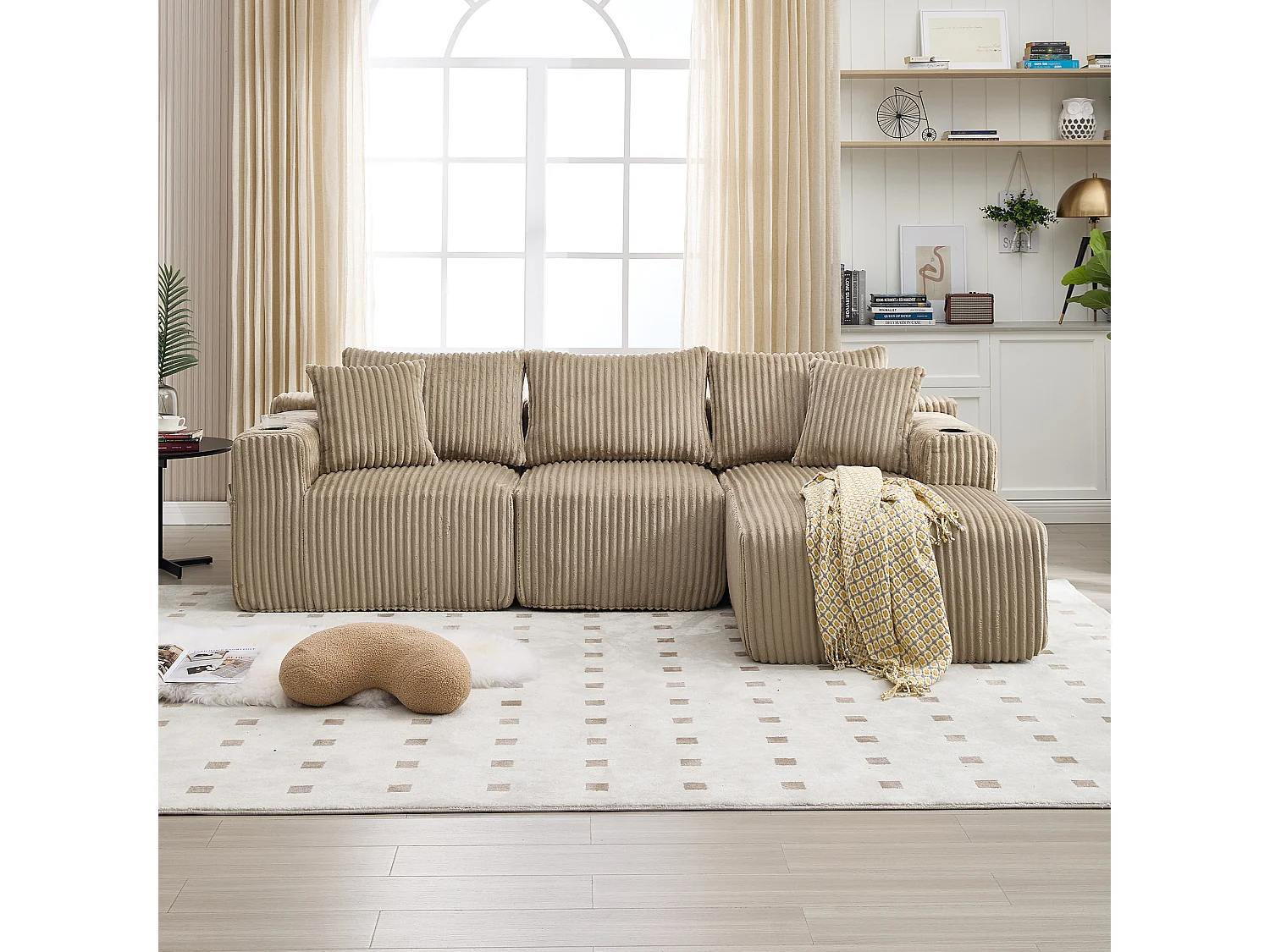 3-sits soffgrupp - 257 x 160 x 80 cm - med 5 kuddar - gör-det-själv-montering - sammet - khaki