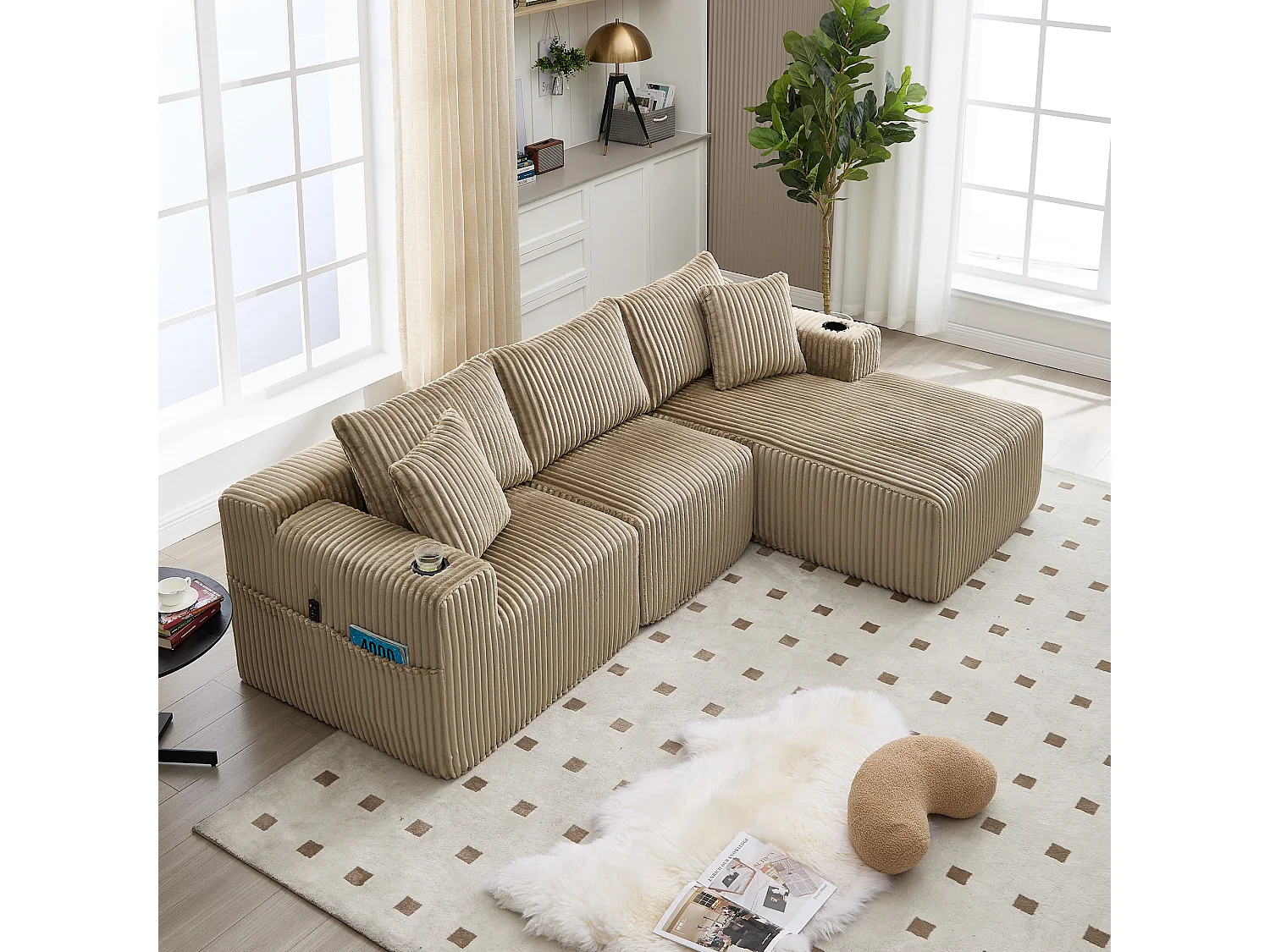 3-sits soffgrupp - 257 x 160 x 80 cm - med 5 kuddar - gör-det-själv-montering - sammet - khaki