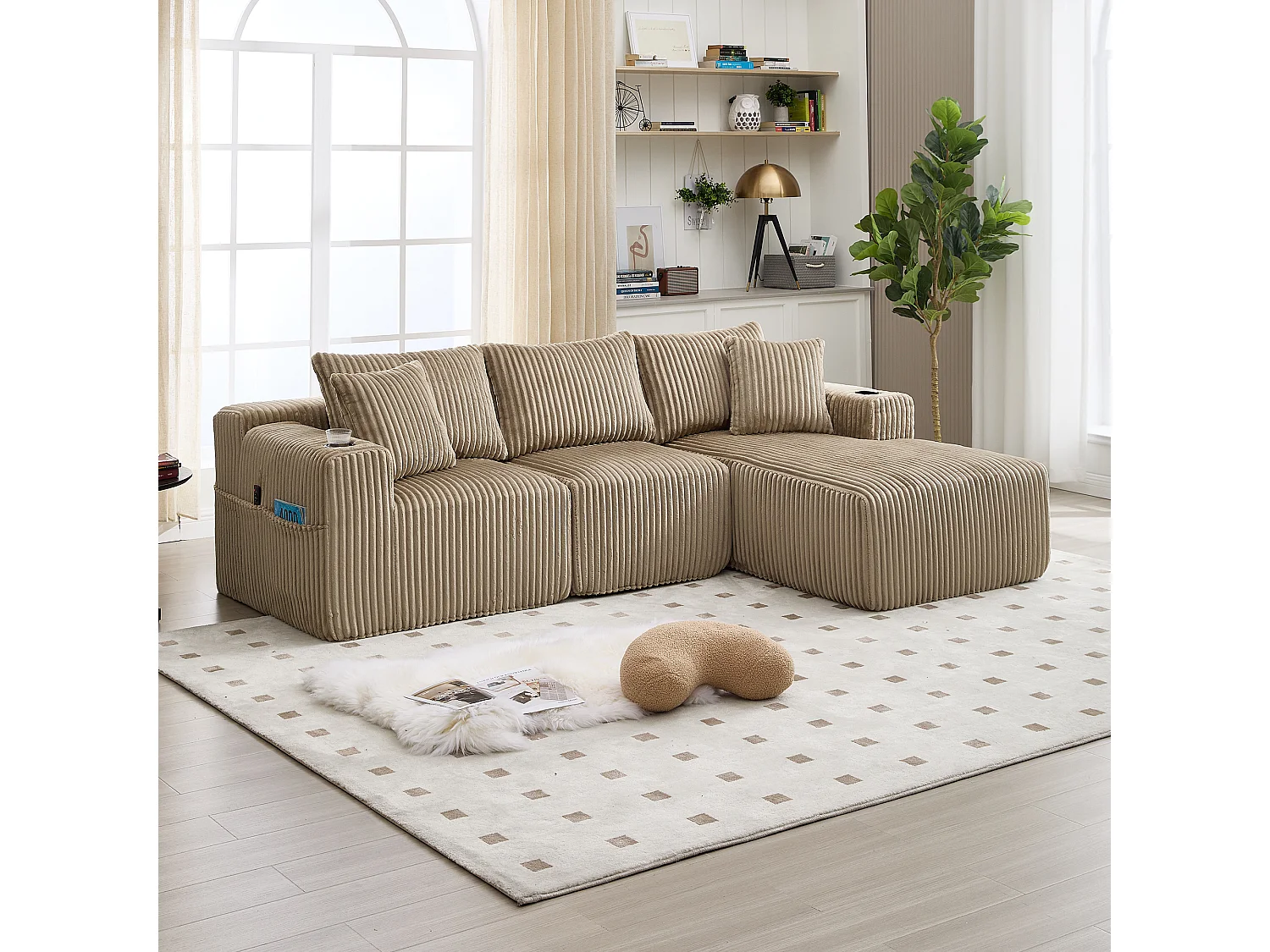 3-sits soffgrupp - 257 x 160 x 80 cm - med 5 kuddar - gör-det-själv-montering - sammet - khaki