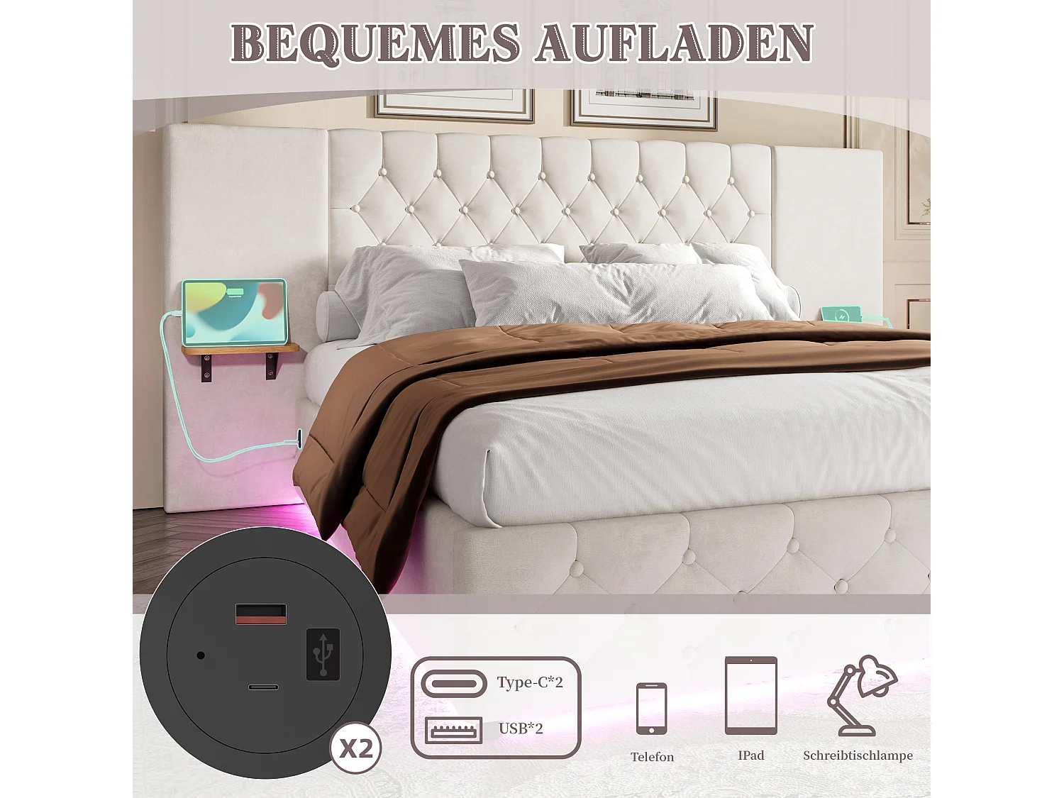 Lit coffre double - 160 x 200 cm - avec large tête de lit + Leds + rangement hydraulique + USB - velours - beige