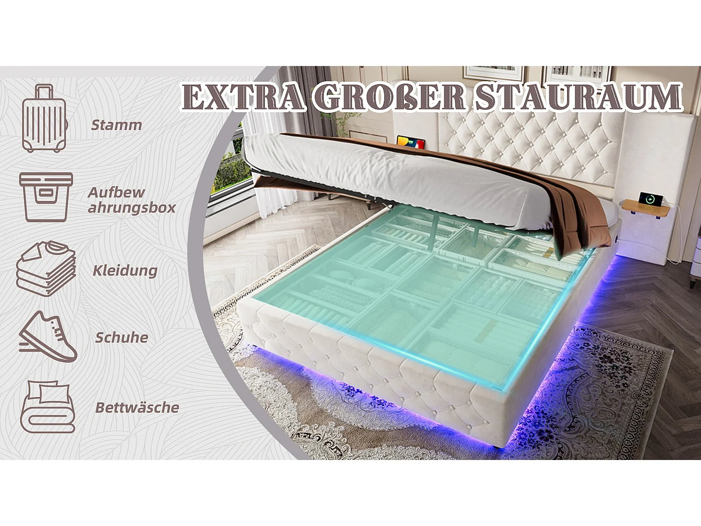 Lit coffre double - 160 x 200 cm - avec large tête de lit + Leds + rangement hydraulique + USB - velours - beige