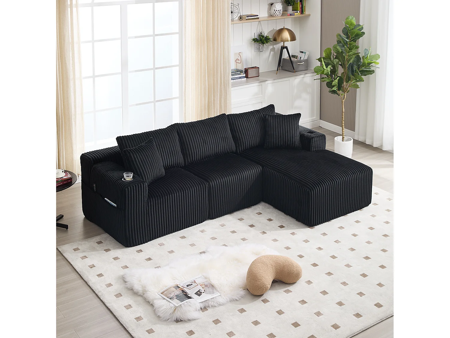 Divano 3 posti - 257 x 160 x 80 cm - con 5 cuscini - montaggio fai da te - velluto - nero