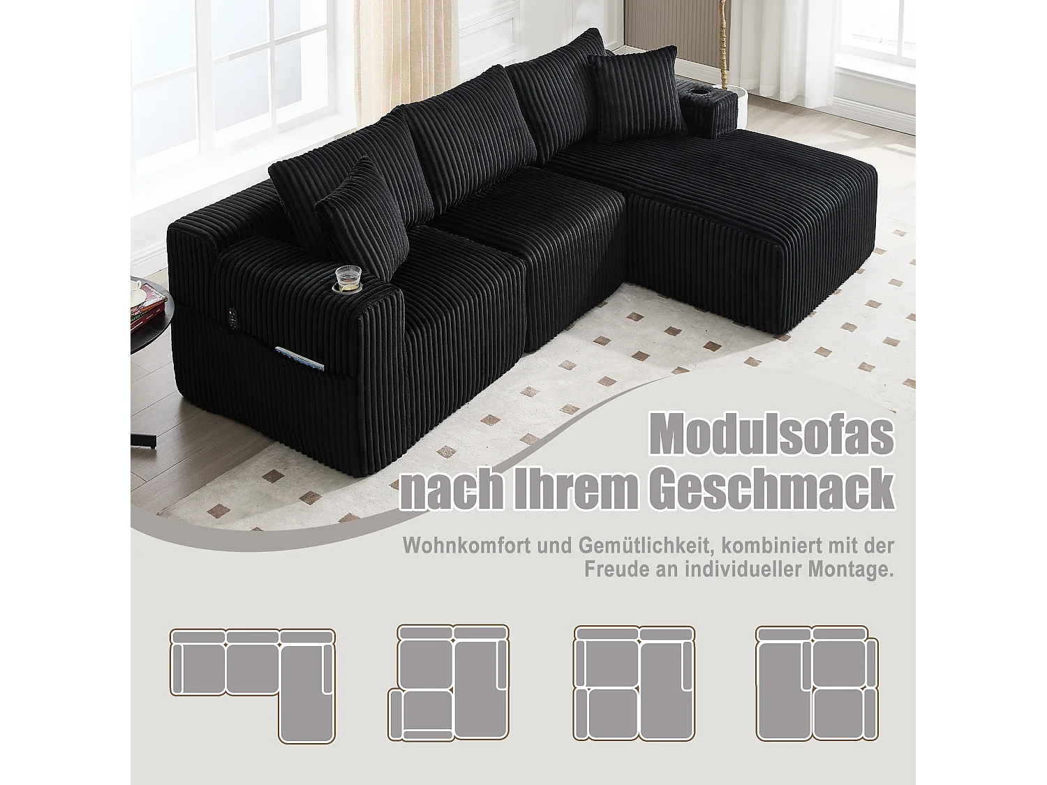 Divano 3 posti - 257 x 160 x 80 cm - con 5 cuscini - montaggio fai da te - velluto - nero