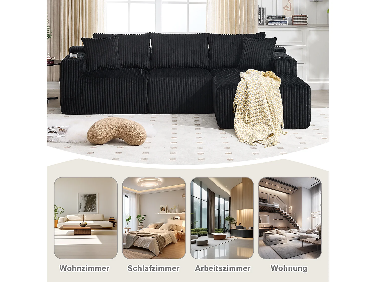 Divano 3 posti - 257 x 160 x 80 cm - con 5 cuscini - montaggio fai da te - velluto - nero