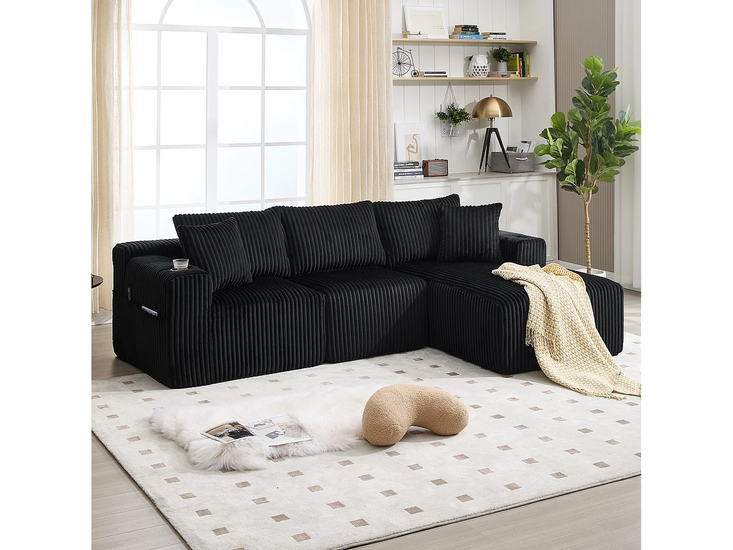 Divano 3 posti - 257 x 160 x 80 cm - con 5 cuscini - montaggio fai da te - velluto - nero