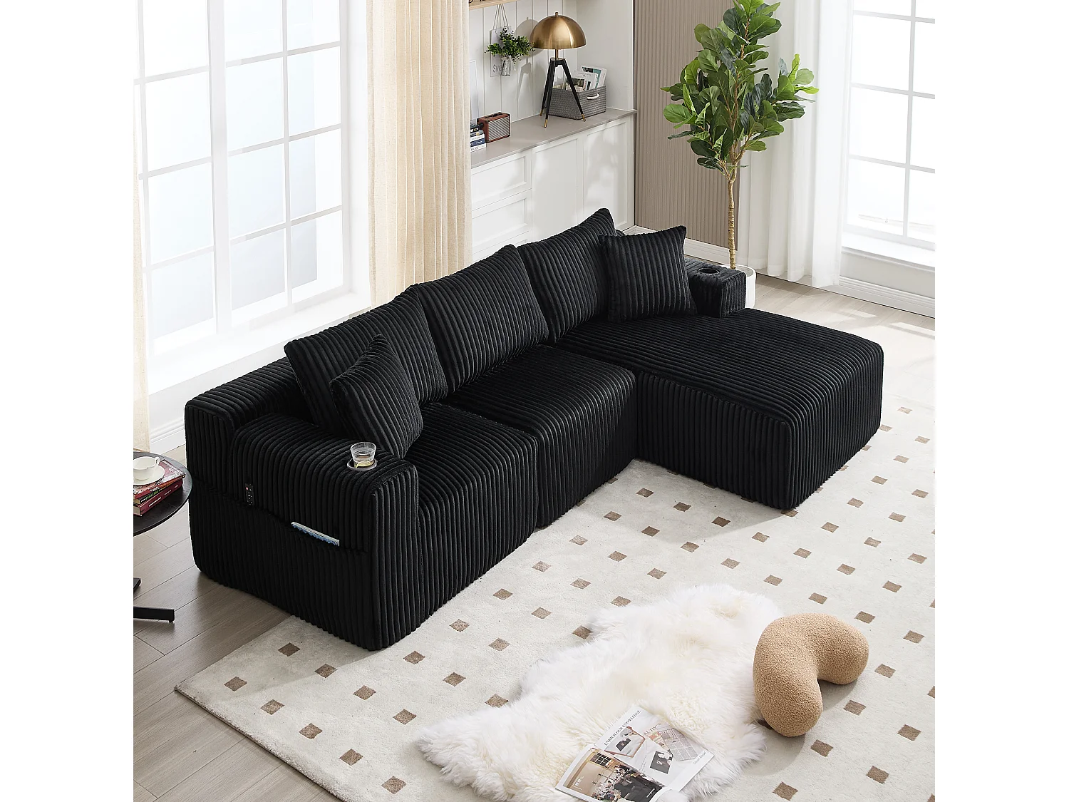 Divano 3 posti - 257 x 160 x 80 cm - con 5 cuscini - montaggio fai da te - velluto - nero