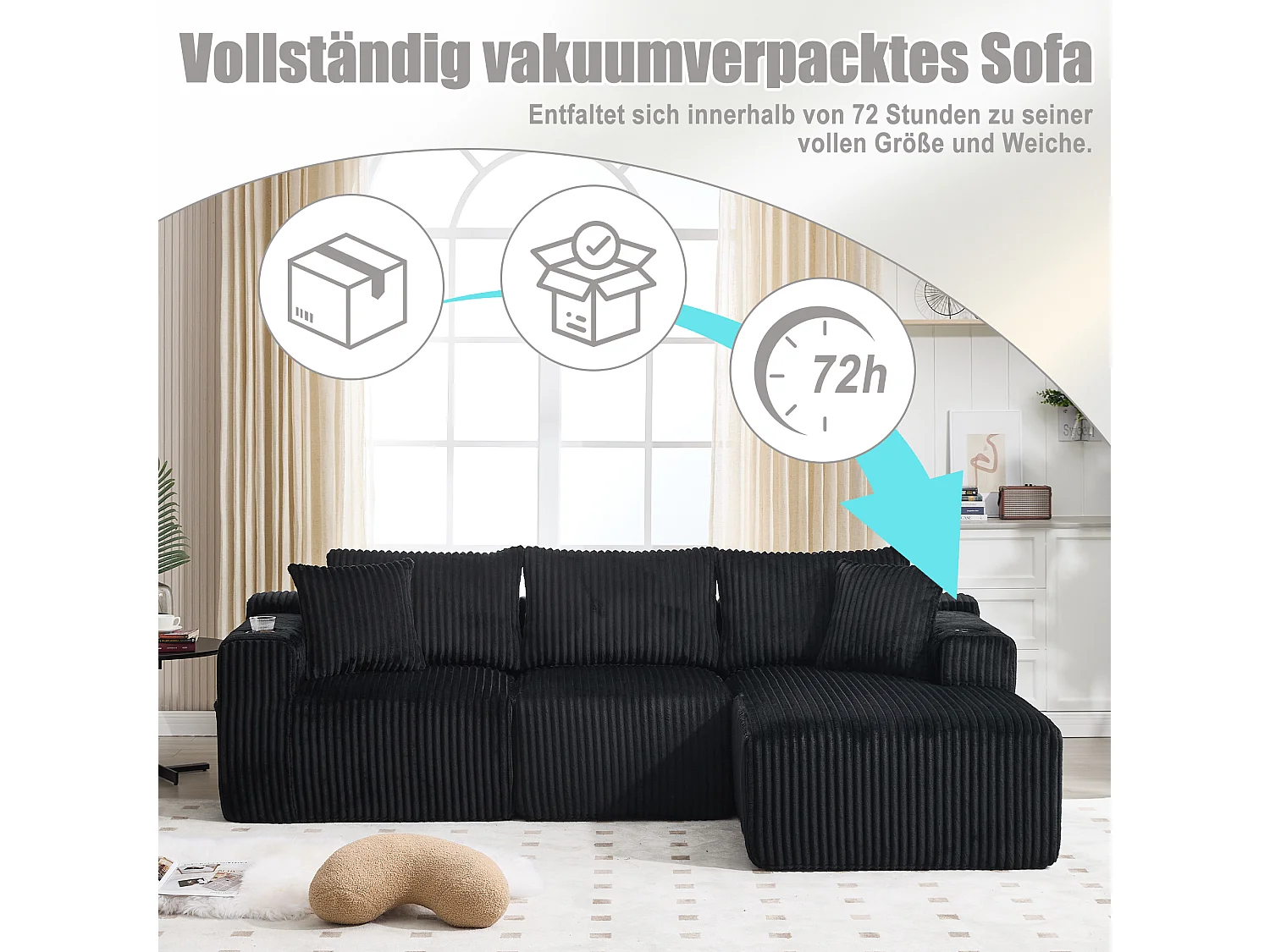 3-Sitzer-Sofagarnitur – 257 x 160 x 80 cm – mit 5 Kissen – Selbstmontage – Samt – schwarz