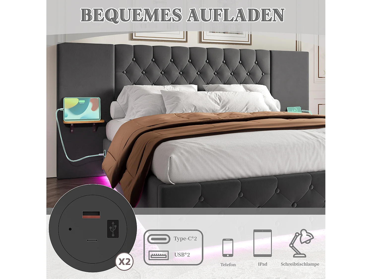 Lit coffre double - 160 x 200 cm - avec large tête de lit + Leds + rangement hydraulique + USB - velours - gris