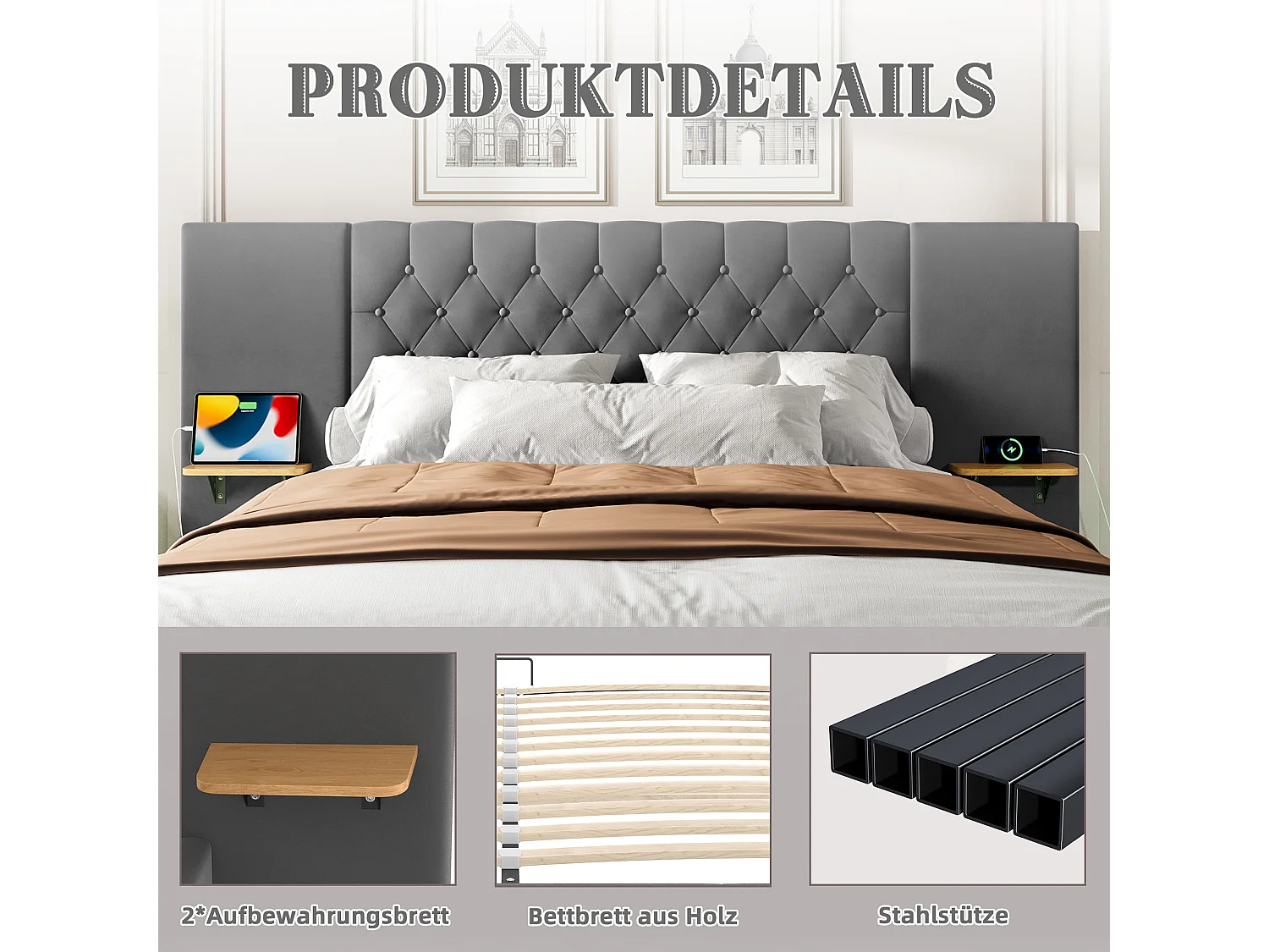 Lit coffre double - 160 x 200 cm - avec large tête de lit + Leds + rangement hydraulique + USB - velours - gris