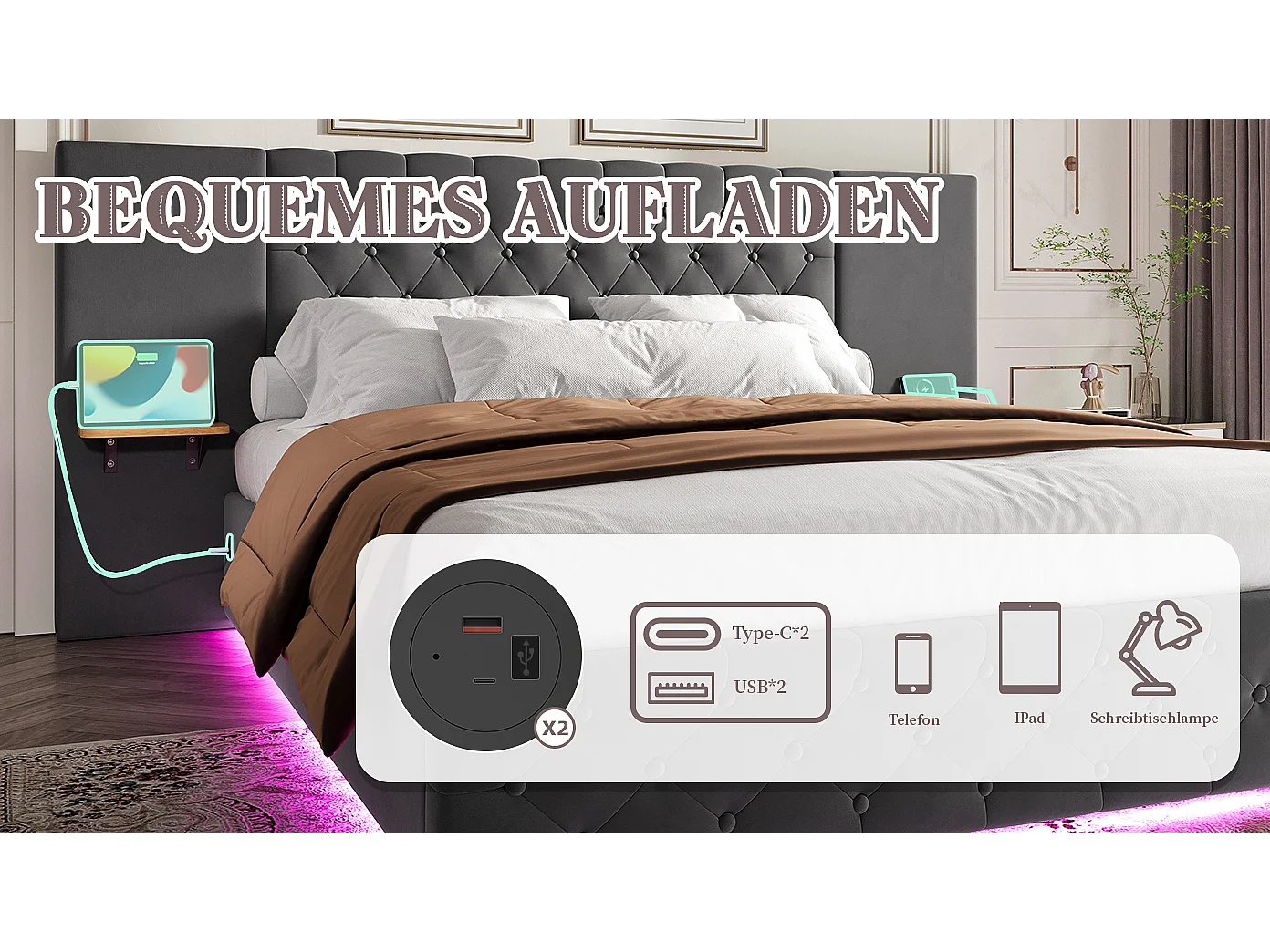 Lit coffre double - 160 x 200 cm - avec large tête de lit + Leds + rangement hydraulique + USB - velours - gris