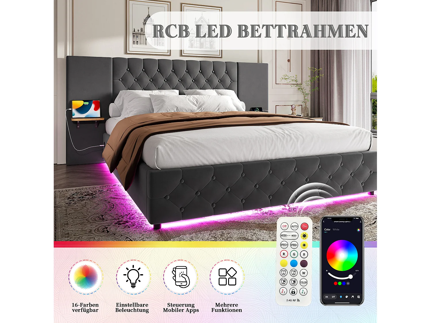 Tweepersoonsbed met opbergruimte - 160 x 200 cm - met breed hoofdeinde + LED's + hydraulische opbergruimte + USB - fluweel - grijs