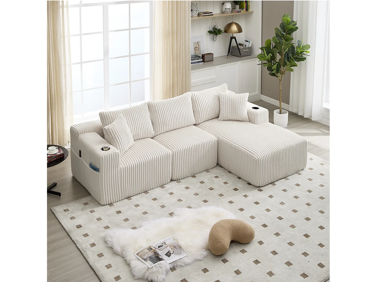 Divano 3 posti - 257 x 160 x 80 cm - con 5 cuscini - montaggio fai da te - velluto - beige