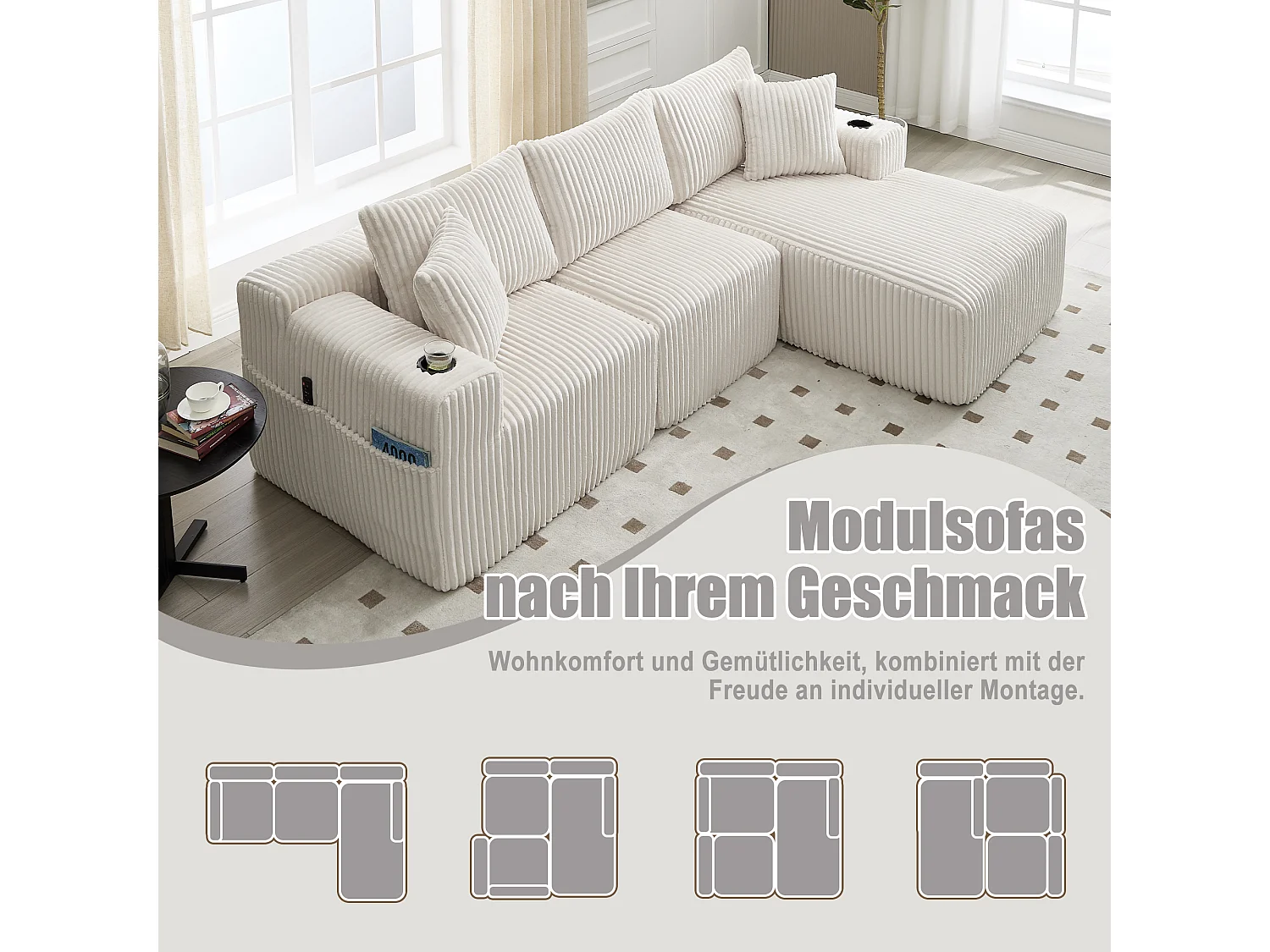 Divano 3 posti - 257 x 160 x 80 cm - con 5 cuscini - montaggio fai da te - velluto - beige