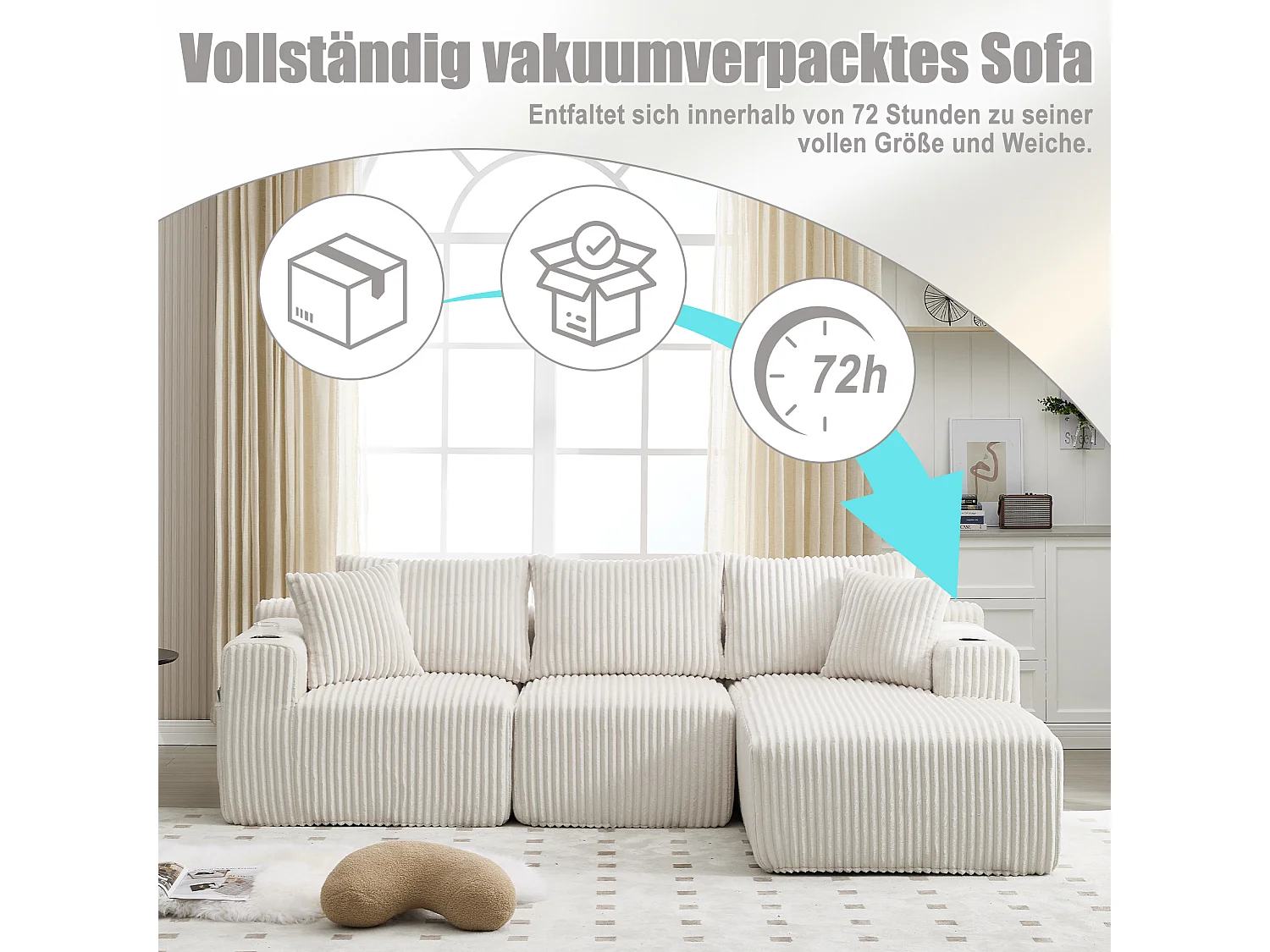 Divano 3 posti - 257 x 160 x 80 cm - con 5 cuscini - montaggio fai da te - velluto - beige