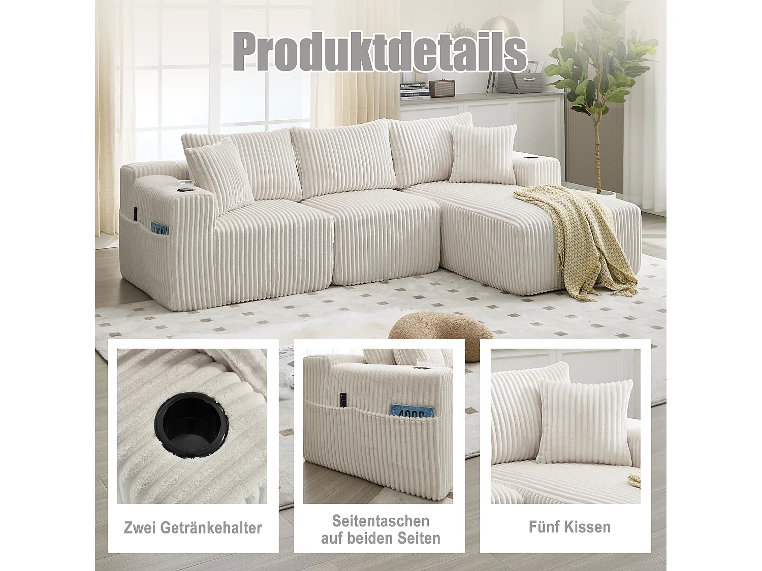 Ensemble de canapé 3 places - 257 x 160 x 80 cm - avec 5 coussins - combinaison à faire soi-même - velours - beige