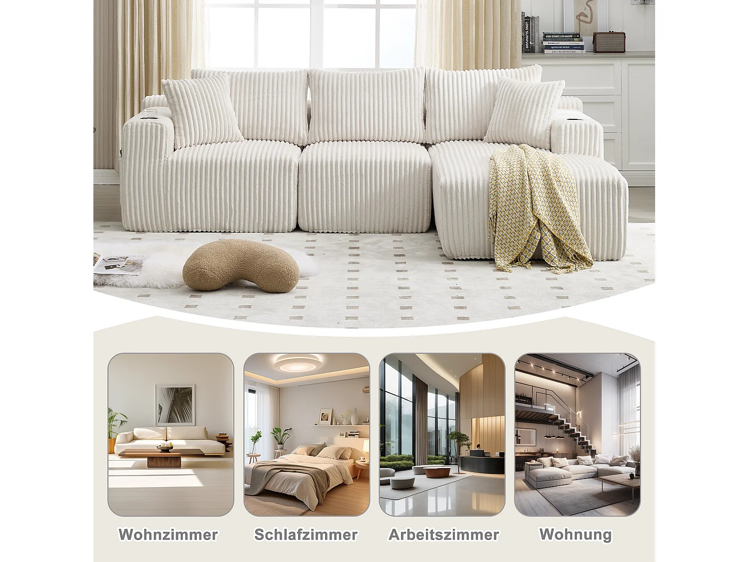 Ensemble de canapé 3 places - 257 x 160 x 80 cm - avec 5 coussins - combinaison à faire soi-même - velours - beige