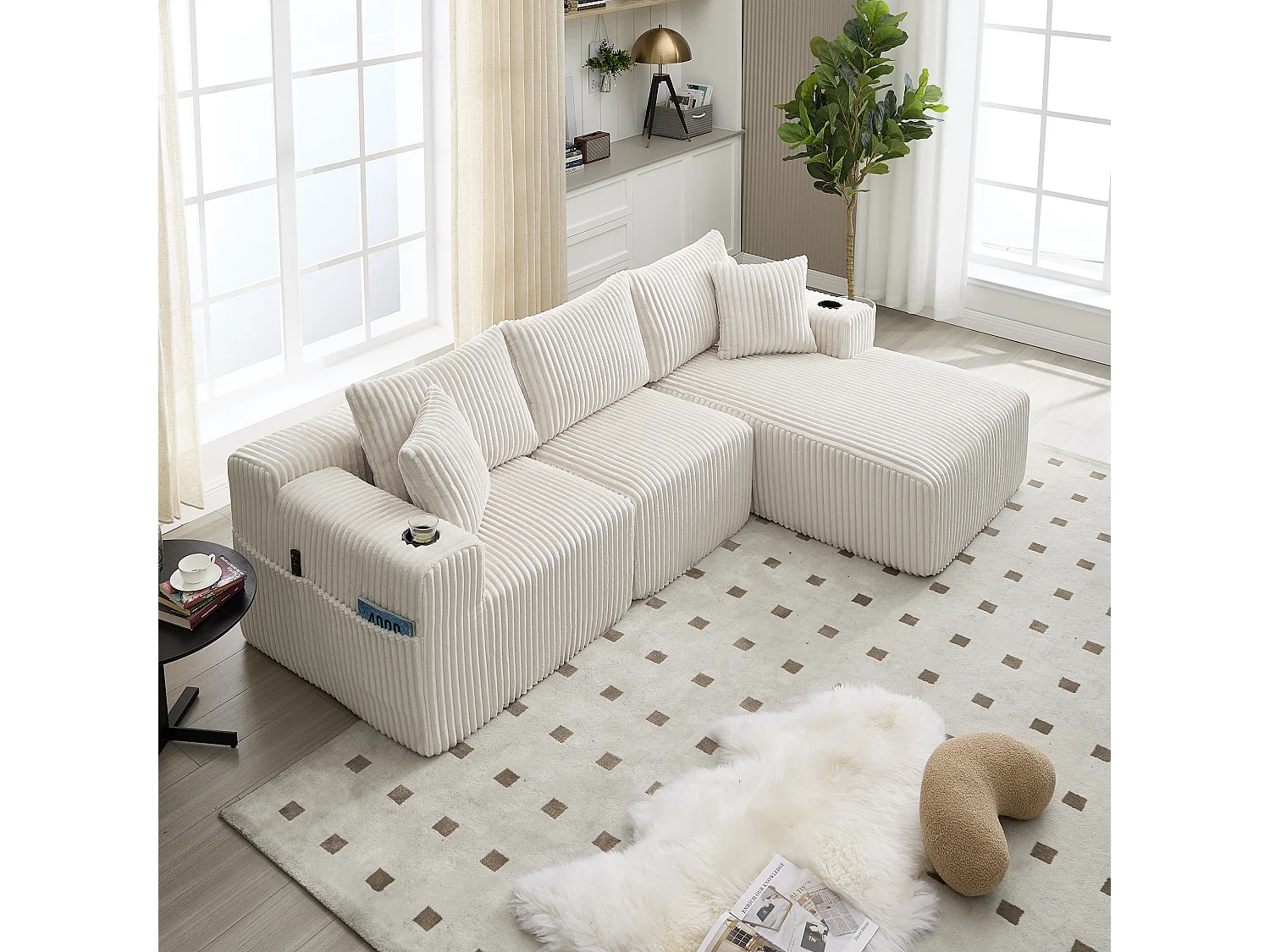 Ensemble de canapé 3 places - 257 x 160 x 80 cm - avec 5 coussins - combinaison à faire soi-même - velours - beige