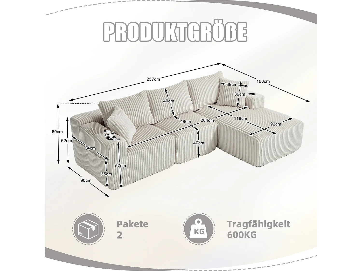 Ensemble de canapé 3 places - 257 x 160 x 80 cm - avec 5 coussins - combinaison à faire soi-même - velours - beige