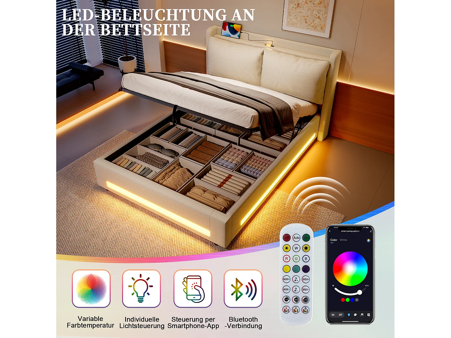 Modernes Stauraumbett – 140 x 200 cm – mit Kopfteil, USB-C-Anschluss, LED-Beleuchtung und abnehmbaren Kissen – Samt – Beige