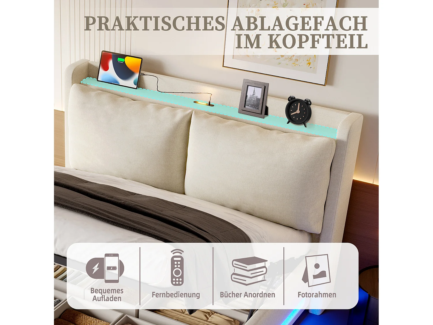 Lit coffre moderne - 140 x 200 cm - avec tête de lit + USB-C + Leds + coussins amovibles - velours - beige