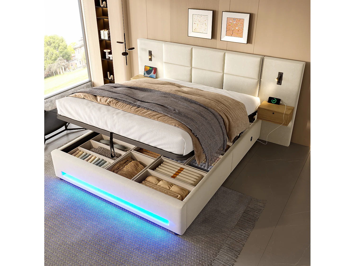 Cama estofada com sistema hidráulico de arrumação - 180 x 200 cm - com cabeceira com 2 gavetas + LEDs + USB-C - veludo - bege