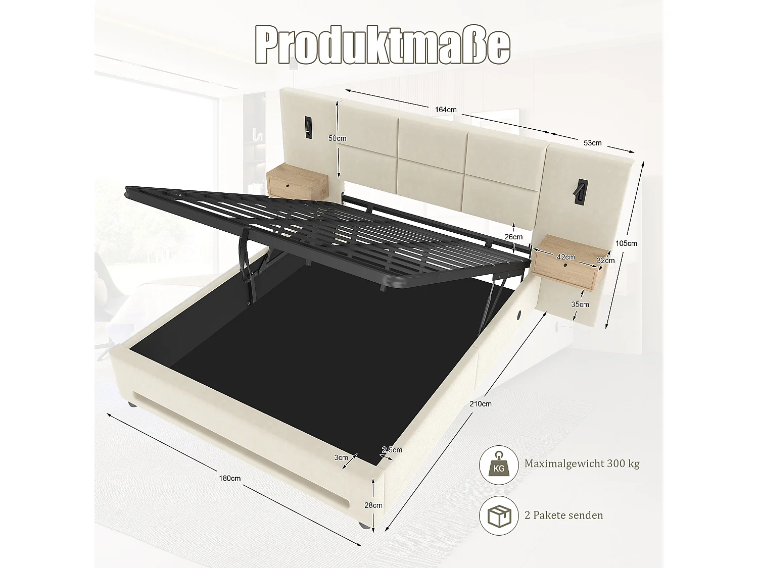 Cama estofada com sistema hidráulico de arrumação - 180 x 200 cm - com cabeceira com 2 gavetas + LEDs + USB-C - veludo - bege