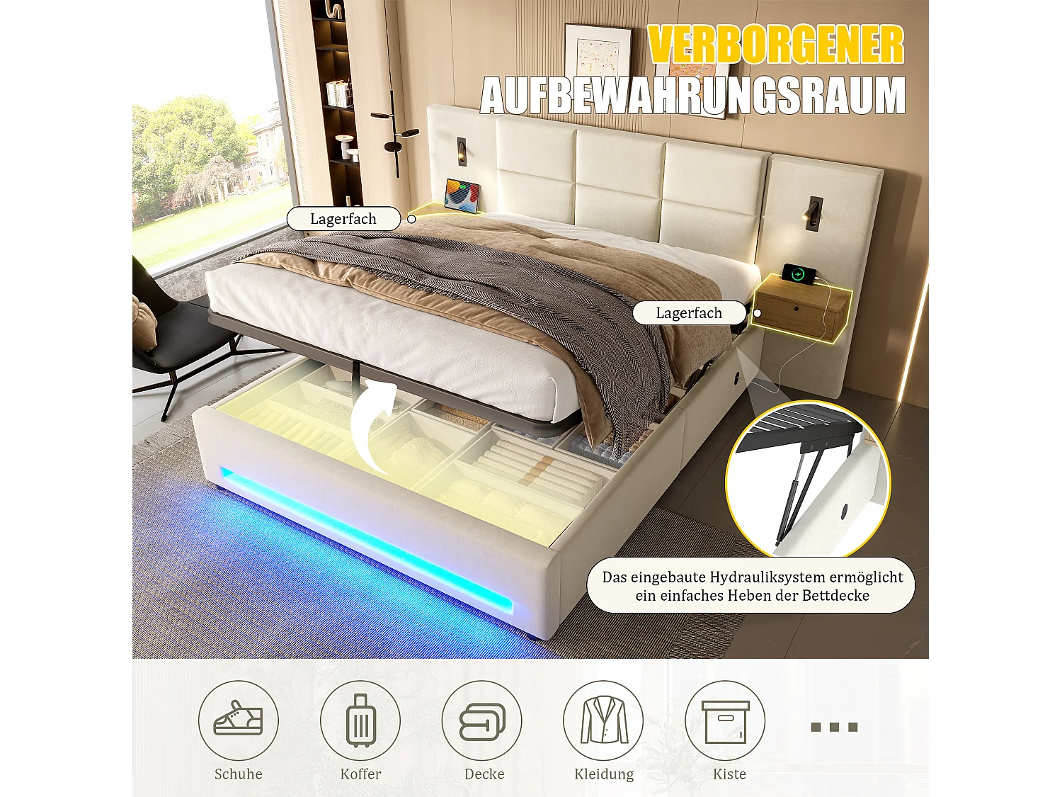 Cama estofada com sistema hidráulico de arrumação - 180 x 200 cm - com cabeceira com 2 gavetas + LEDs + USB-C - veludo - bege