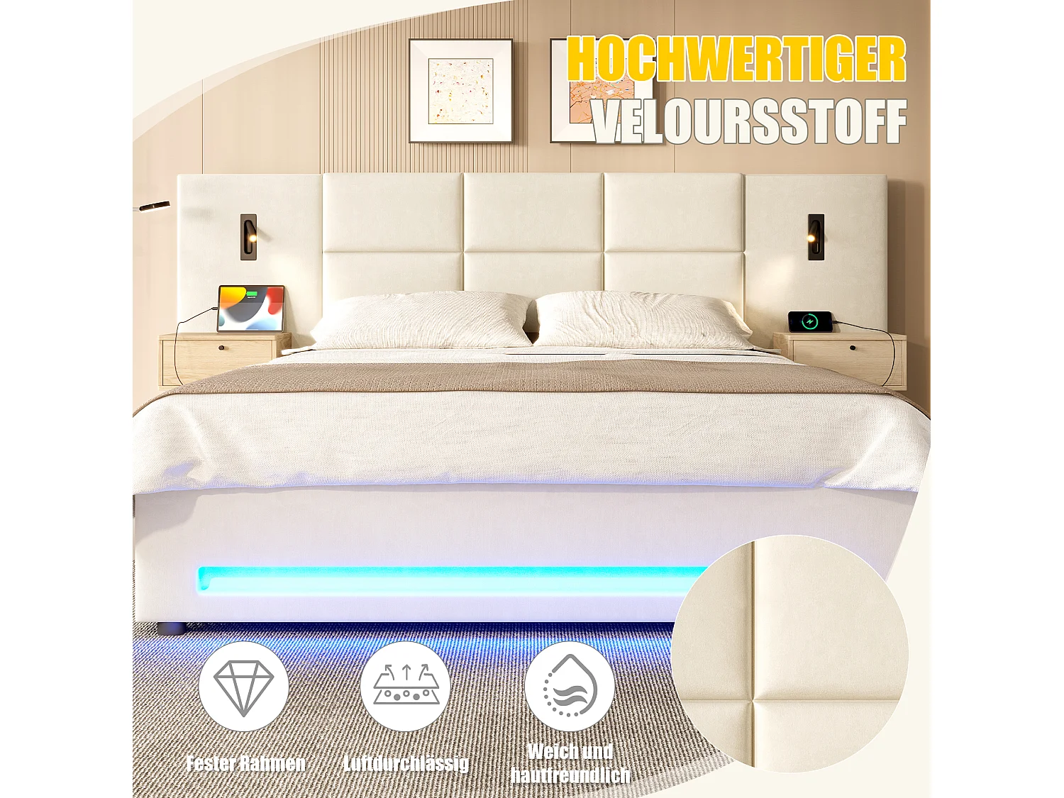 Cama estofada com sistema hidráulico de arrumação - 180 x 200 cm - com cabeceira com 2 gavetas + LEDs + USB-C - veludo - bege