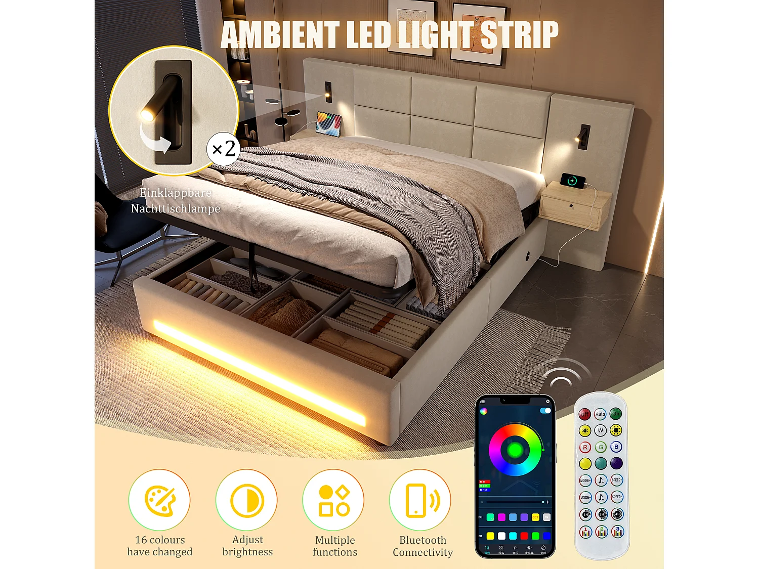 Cama estofada com sistema hidráulico de arrumação - 180 x 200 cm - com cabeceira com 2 gavetas + LEDs + USB-C - veludo - bege