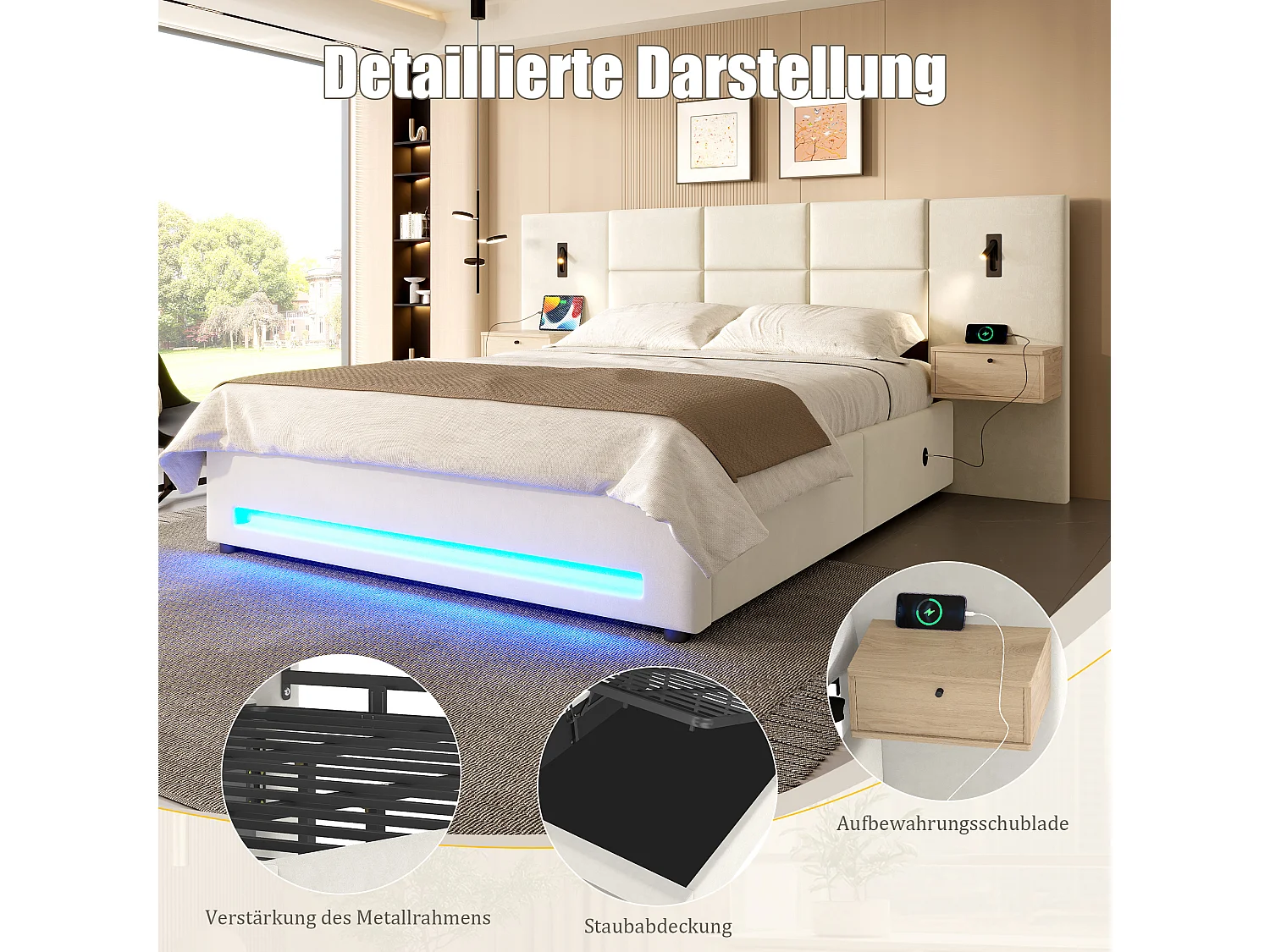Cama estofada com sistema hidráulico de arrumação - 180 x 200 cm - com cabeceira com 2 gavetas + LEDs + USB-C - veludo - bege