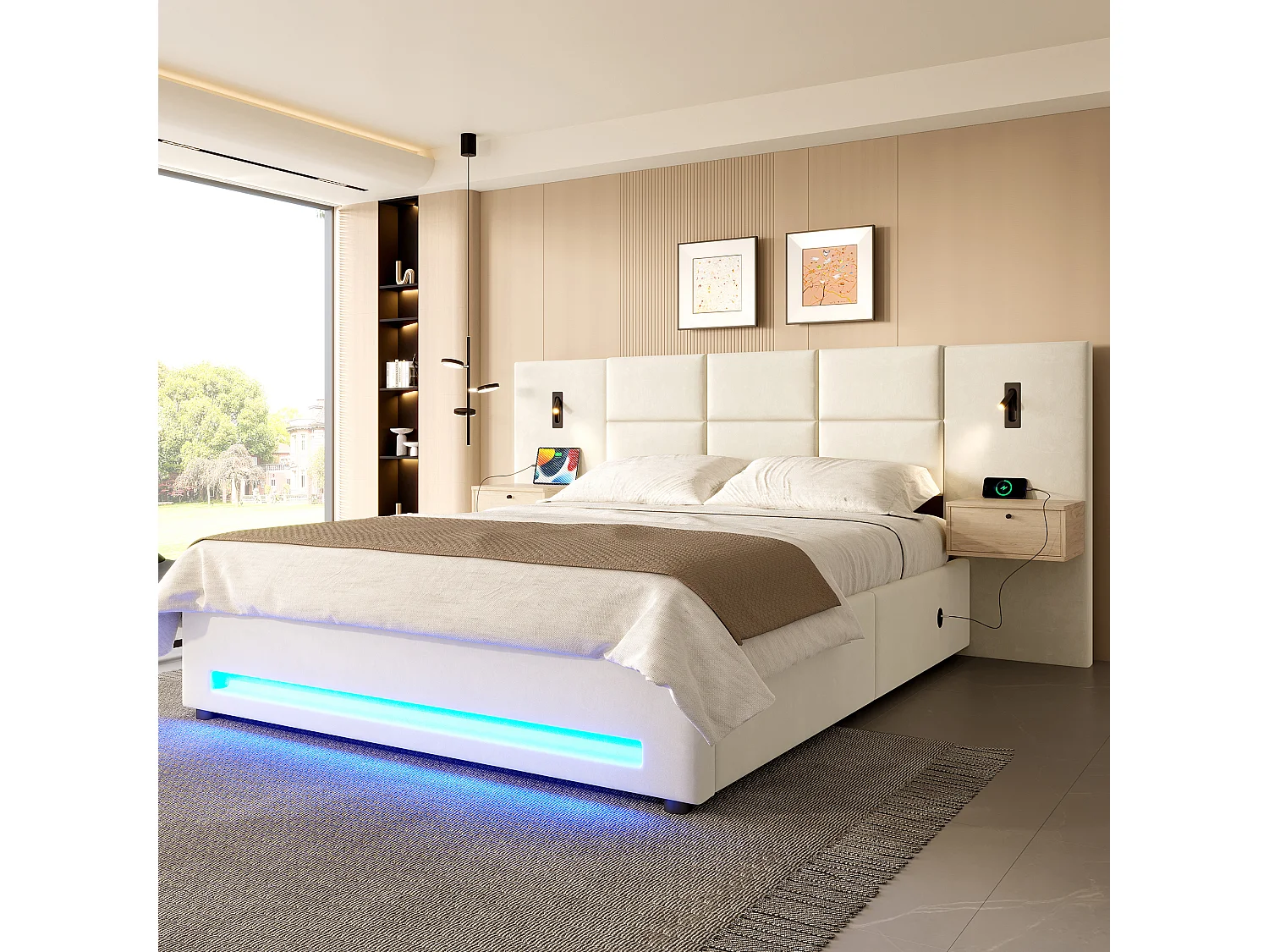 Cama estofada com sistema hidráulico de arrumação - 180 x 200 cm - com cabeceira com 2 gavetas + LEDs + USB-C - veludo - bege